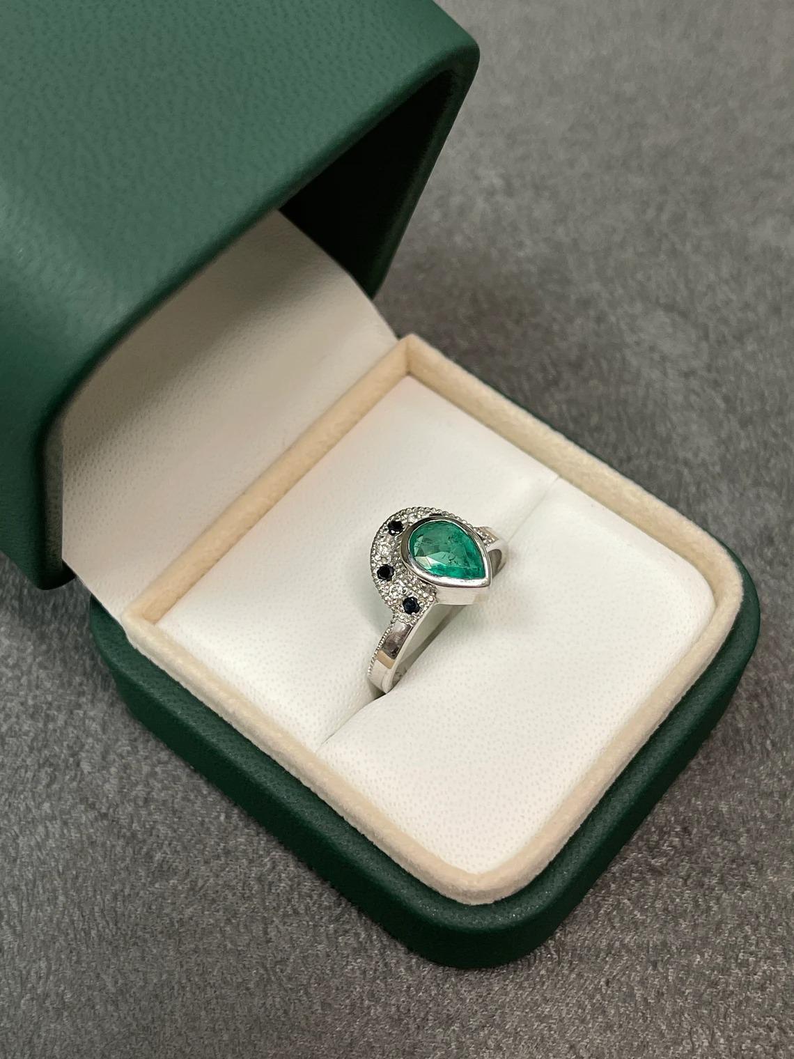 1.63tcw 14K Colombian Emerald-Pear Cut & White/Black Diamond Tiara Ring In New Condition For Sale In Jupiter, FL