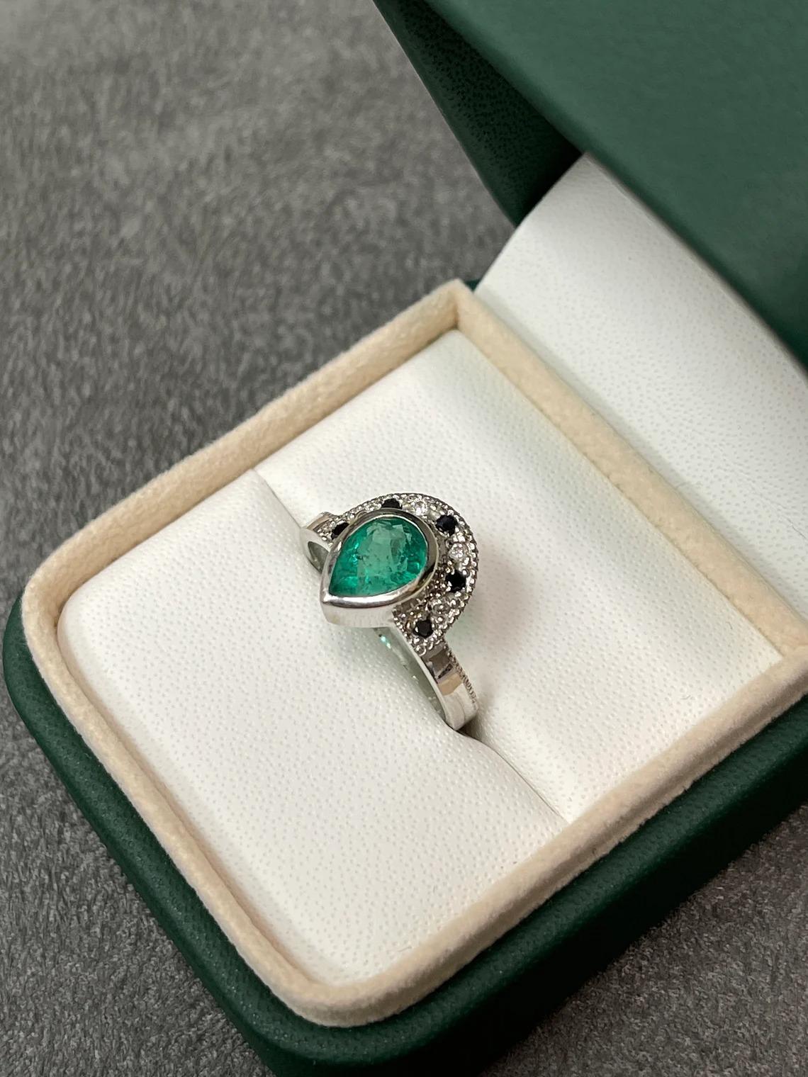 Women's 1.63tcw 14K Colombian Emerald-Pear Cut & White/Black Diamond Tiara Ring For Sale