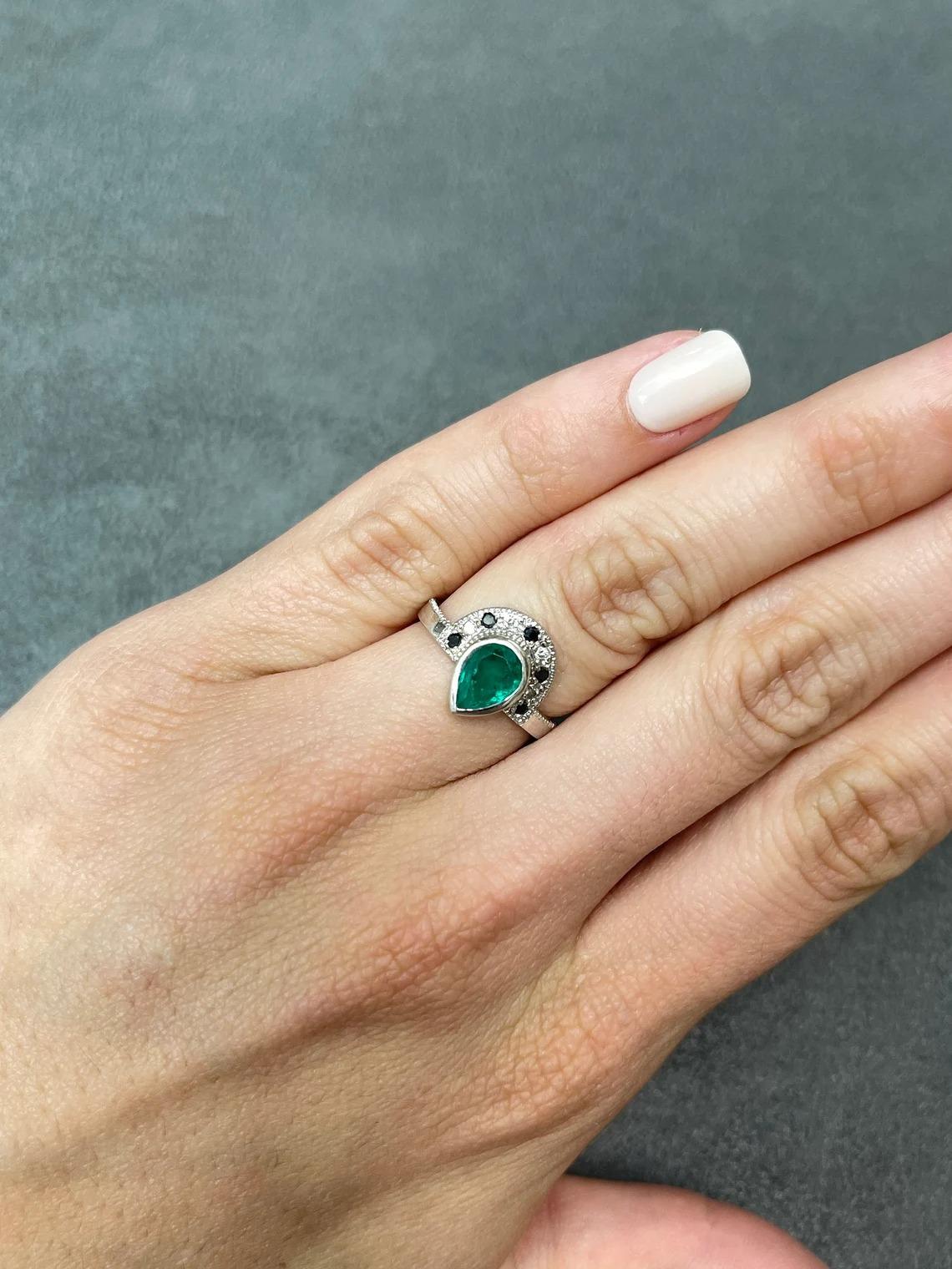 1.63tcw 14K Colombian Emerald-Pear Cut & White/Black Diamond Tiara Ring For Sale 1