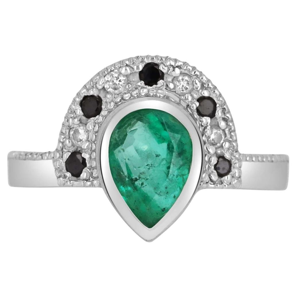 1.63tcw 14K Colombian Emerald-Pear Cut & White/Black Diamond Tiara Ring