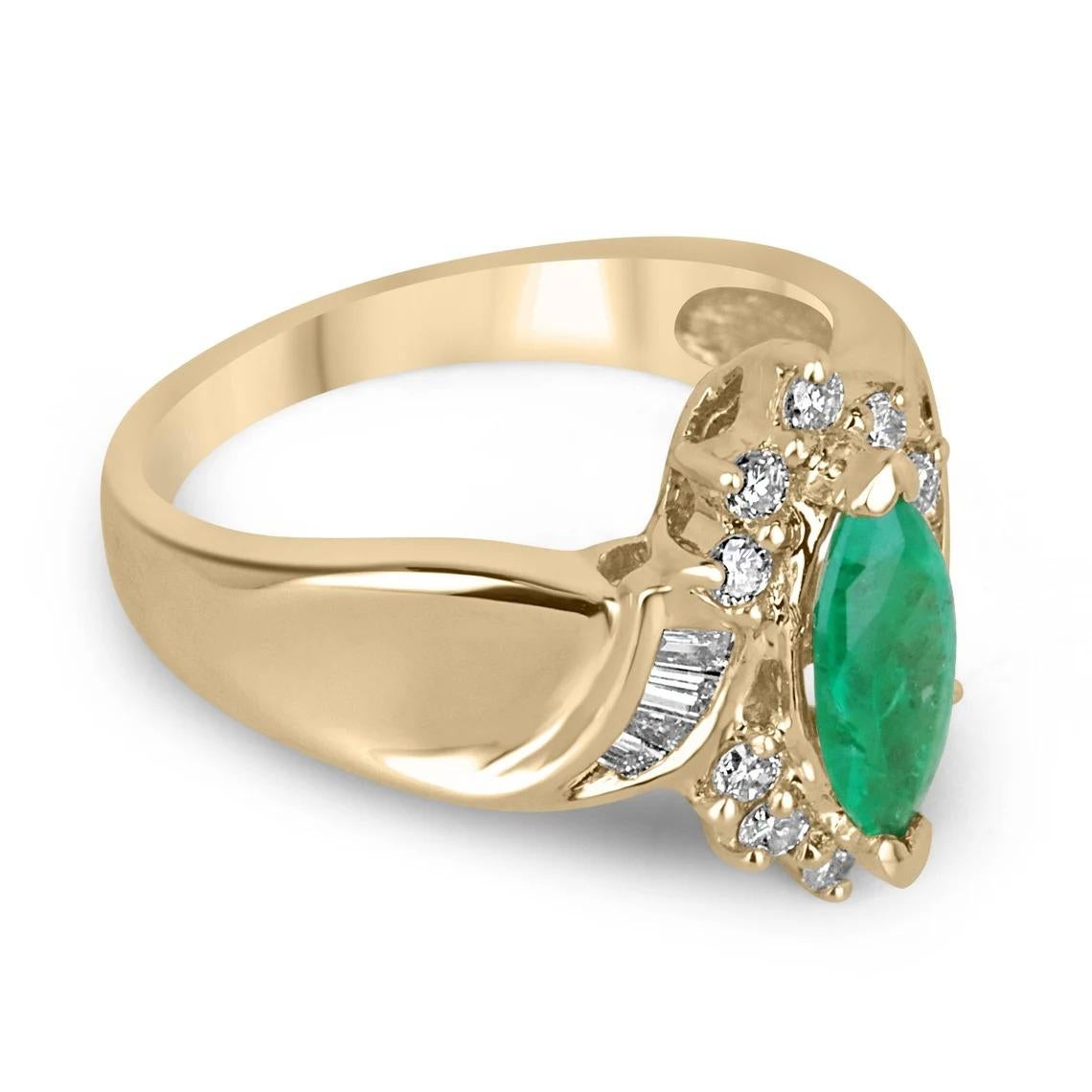 What makes more of a statement than this natural emerald and diamond ring? The center stone features a gorgeous marquise cut Colombian emerald that displays a vivacious medium yellowish-green color with excellent-very good clarity and luster. Set in