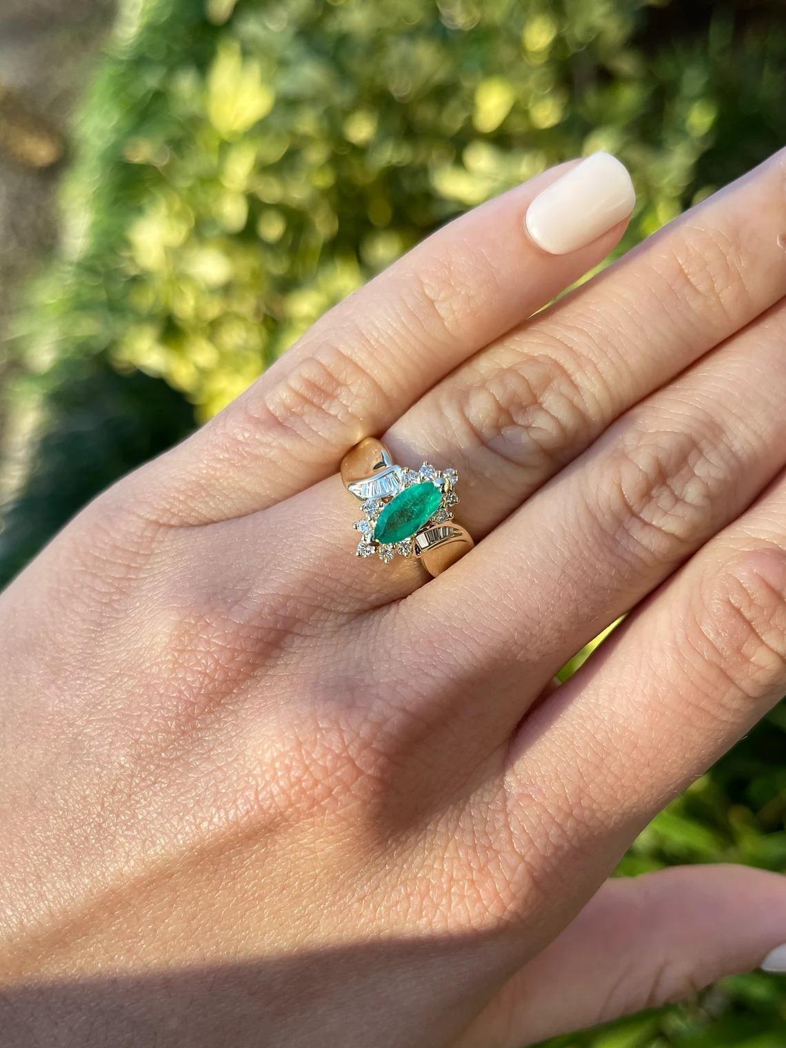 1.63tcw 14K Marquise Cut Colombian Emerald & Diamond Accent Statement Gold Ring In New Condition For Sale In Jupiter, FL