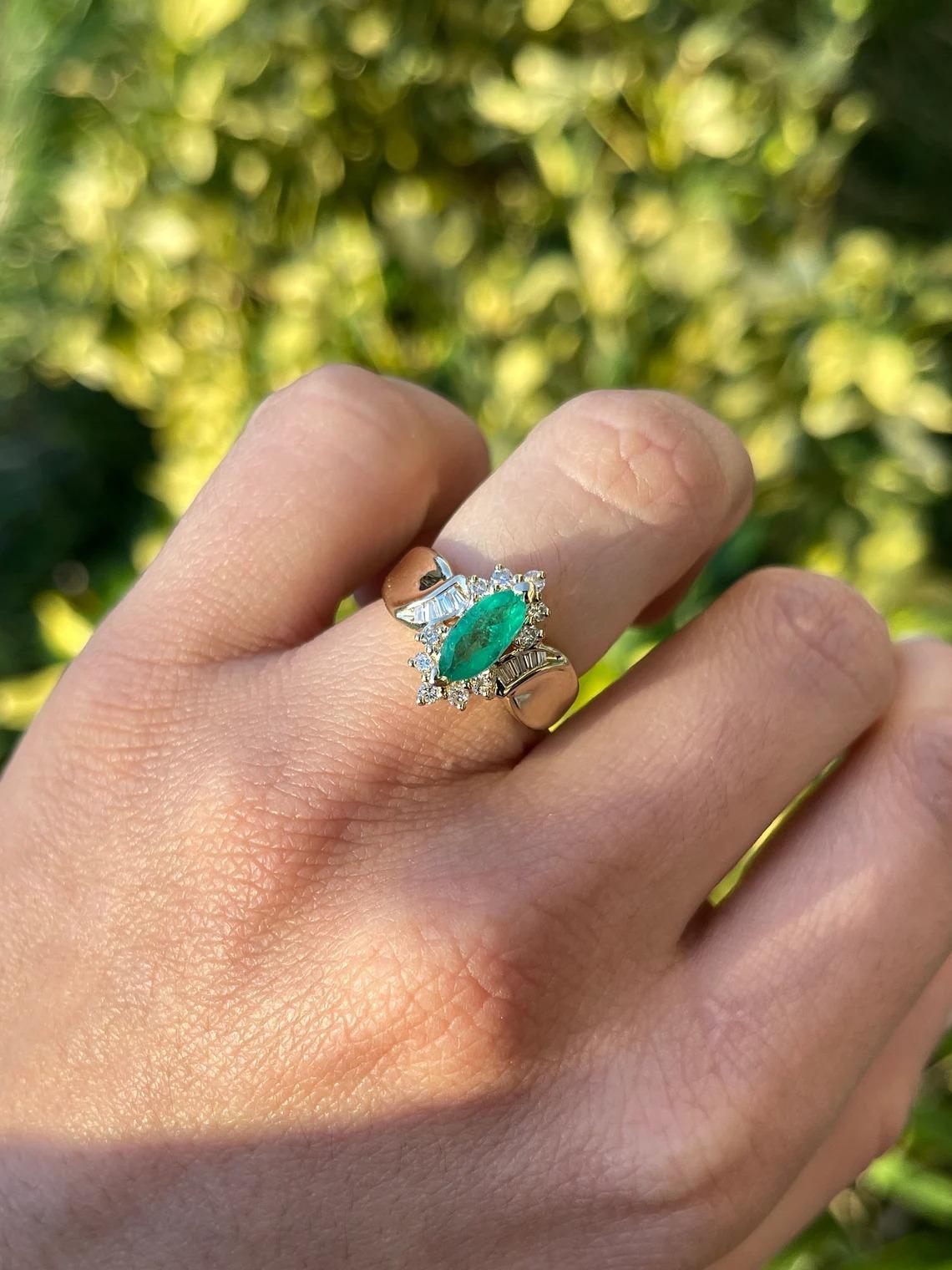 1.63tcw 14K Marquise Cut Colombian Emerald & Diamond Accent Statement Gold Ring For Sale 3