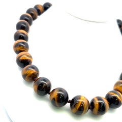 16.4-16.5 MM Tiger-Eye 18 Karat Yellow Gold Beed Necklace