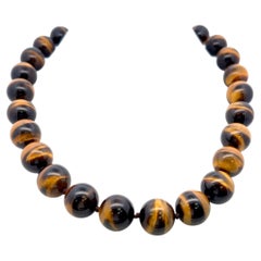 16.4-16.5 MM Tiger-Eye 18 Karat Yellow Gold Beed Necklace