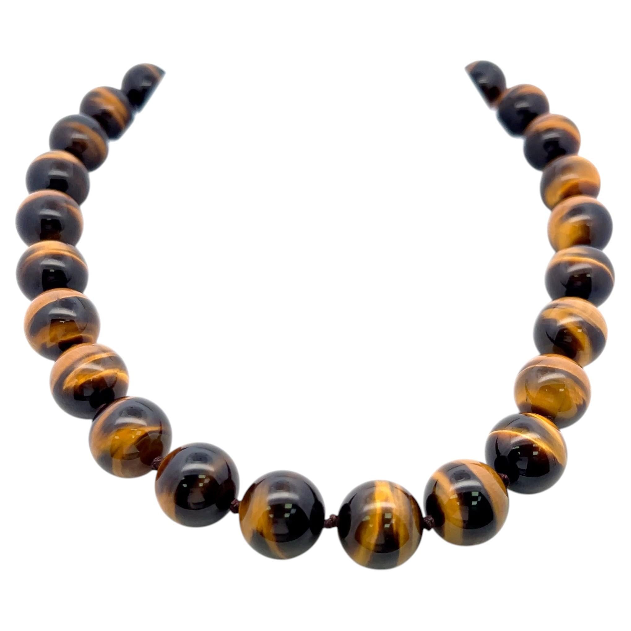 16.4-16.5 MM Tiger Eye Beed 18 Karat Yellow Gold Beed Necklace