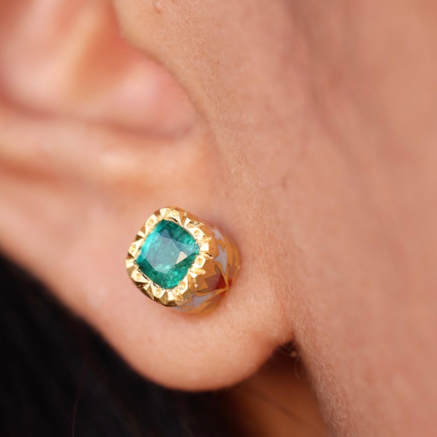Cushion Cut 1.64 Carat Emerald and Enamel Stud Earrings in 22K Gold Handmade by Agaro Jewels