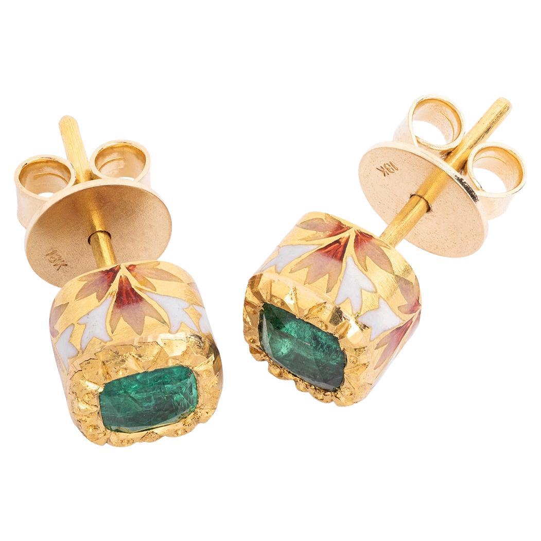1.64 Carat Emerald and Enamel Stud Earrings in 22K Gold Handmade by Agaro Jewels