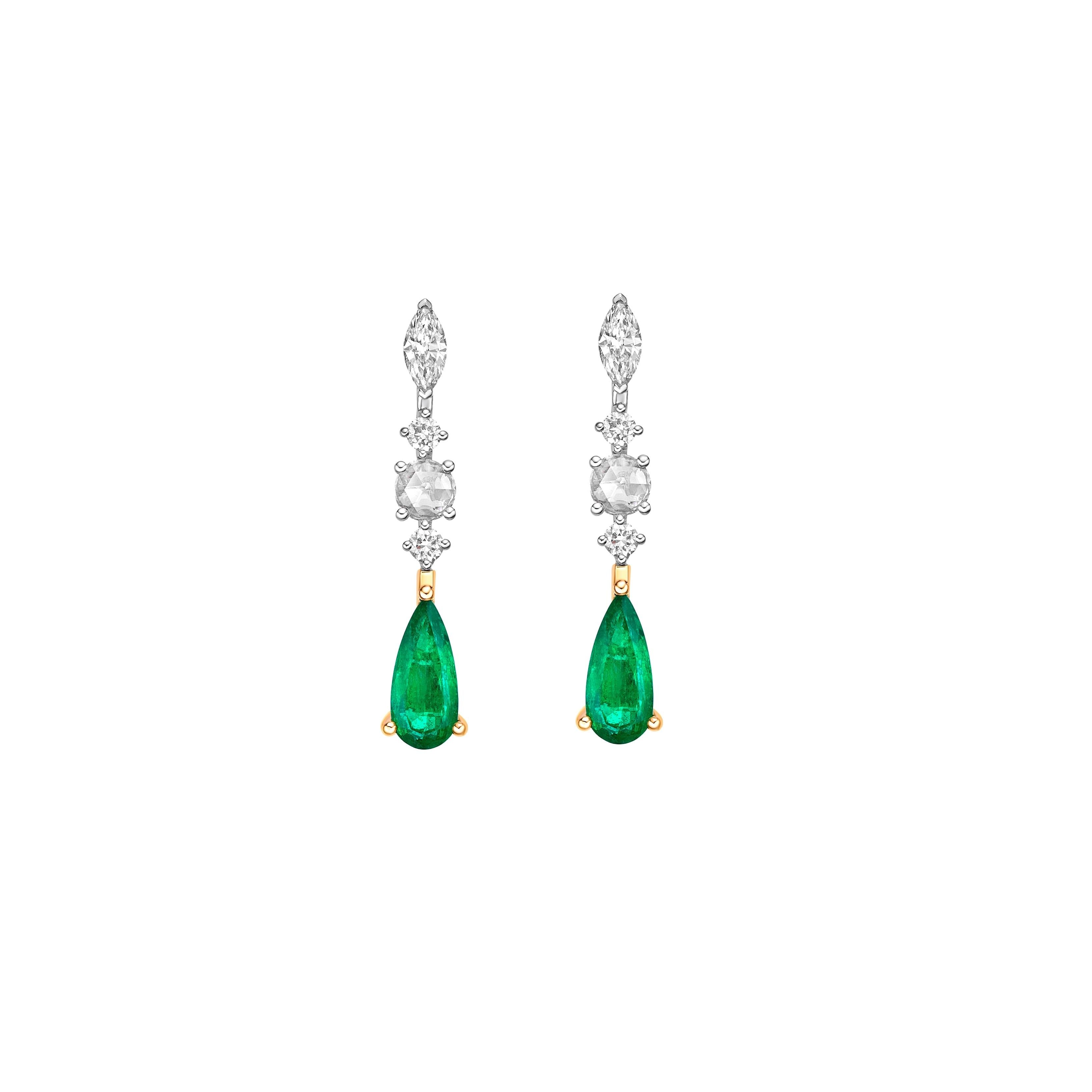 Contemporary 1.64 Carat Emerald Drop Earrings in 18Karat White Yellow Gold with  Diamond. For Sale