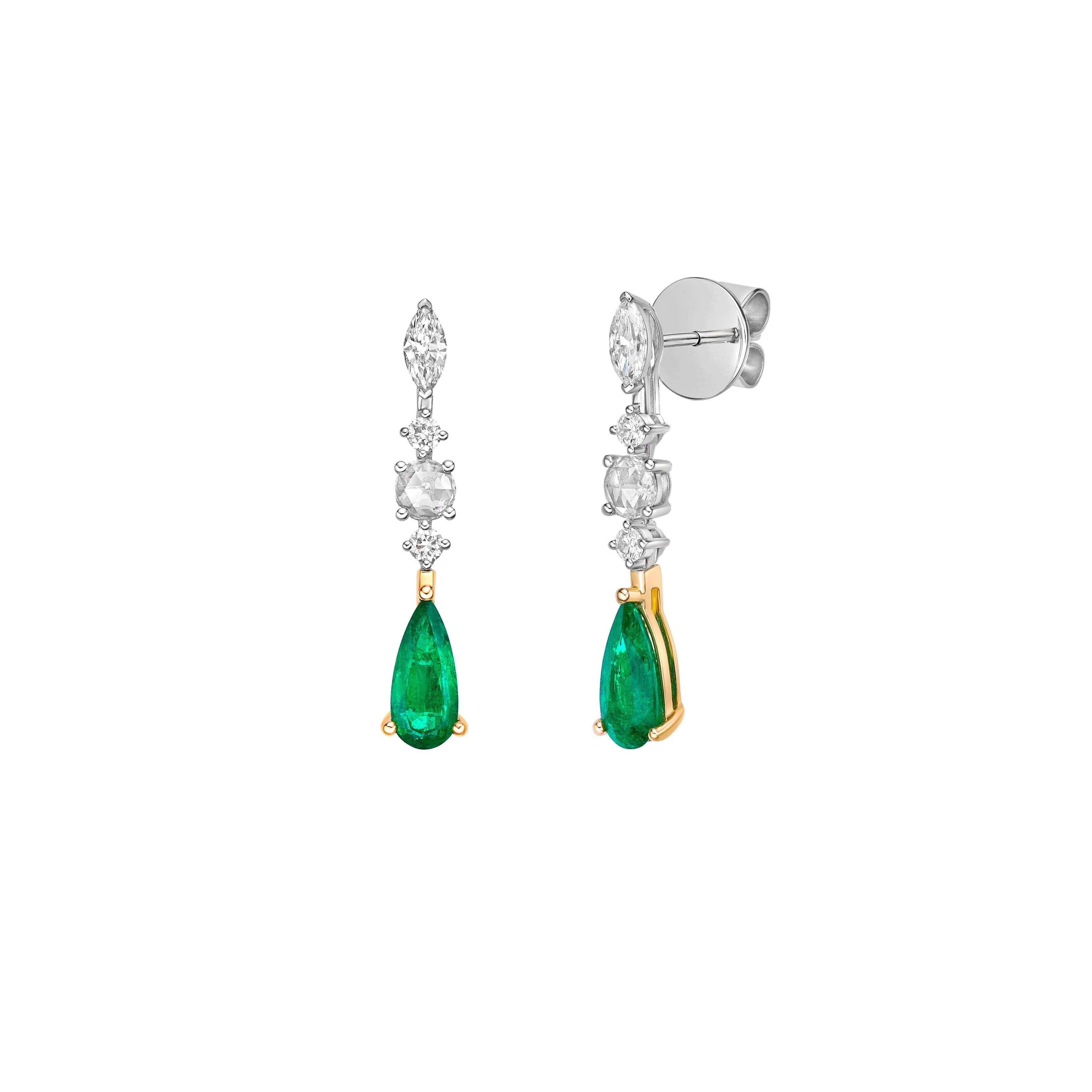 Pear Cut 1.64 Carat Emerald Drop Earrings in 18Karat White Yellow Gold with  Diamond. For Sale