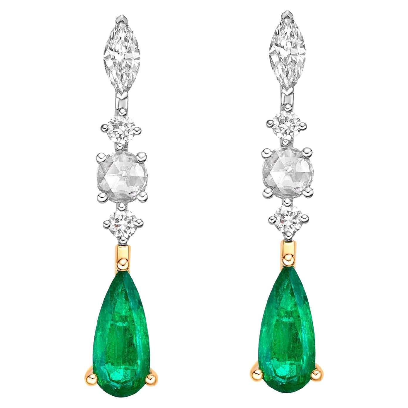 1.64 Carat Emerald Drop Earrings in 18Karat White Yellow Gold with  Diamond. For Sale
