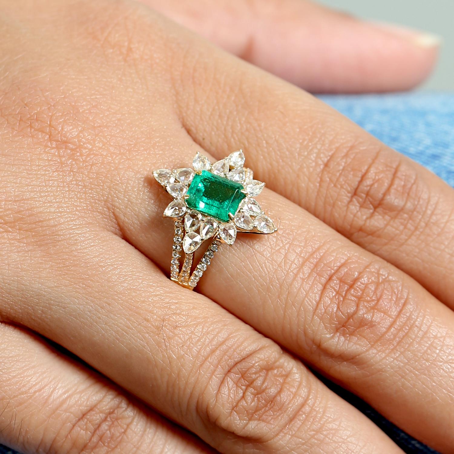 This ring has been meticulously crafted from 14-karat gold.  It is hand set with 1.64 carats emerald & .95 carats of rosecut diamonds. 

The ring is a size 7 and may be resized to larger or smaller upon request. 
FOLLOW  MEGHNA JEWELS storefront to