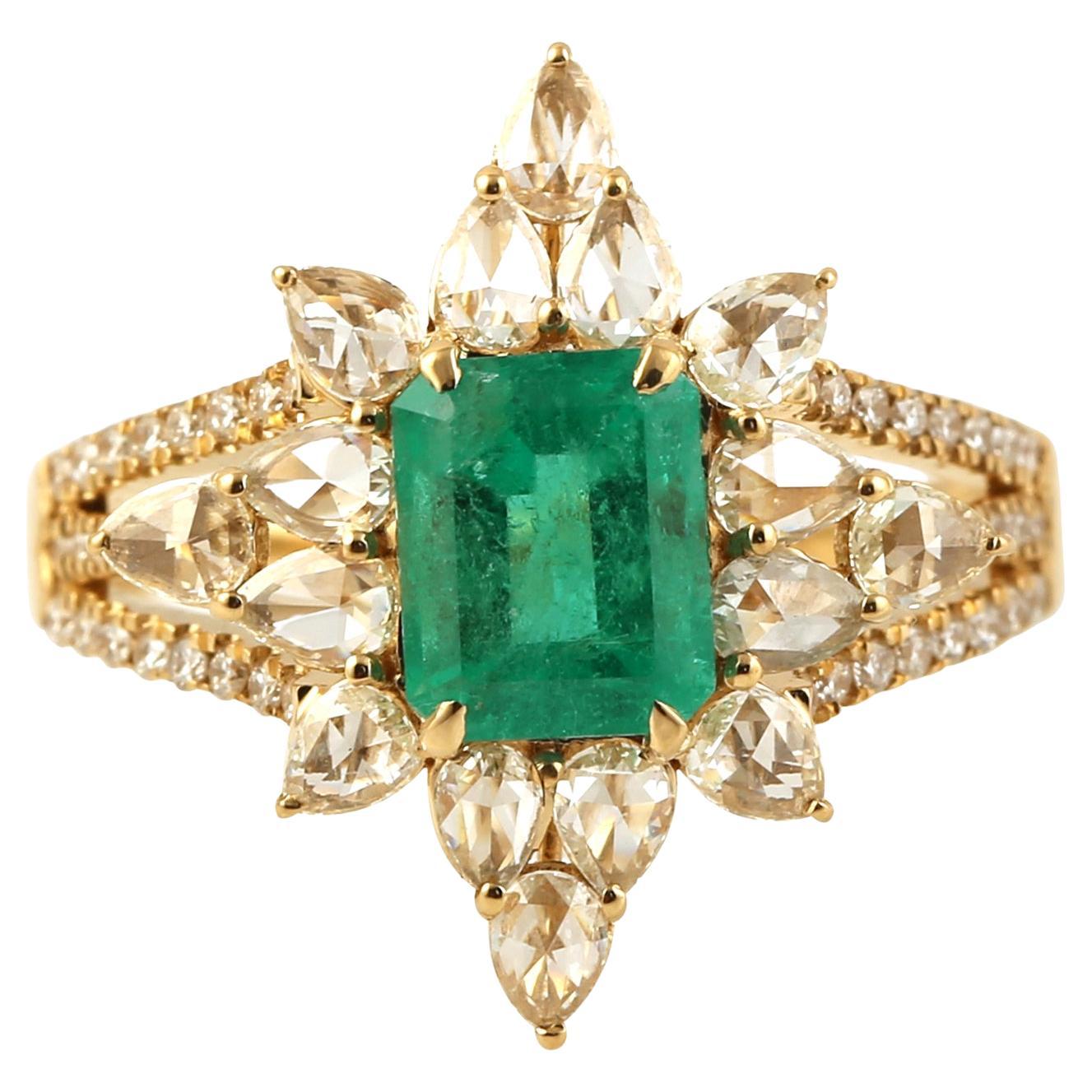 1.64 Carat Emerald Rose cut Diamond 14 Karat Gold Ring