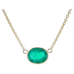 1.64 Carat Green Emerald Oval Cut Fashion Necklaces In 14K Yellow Gold