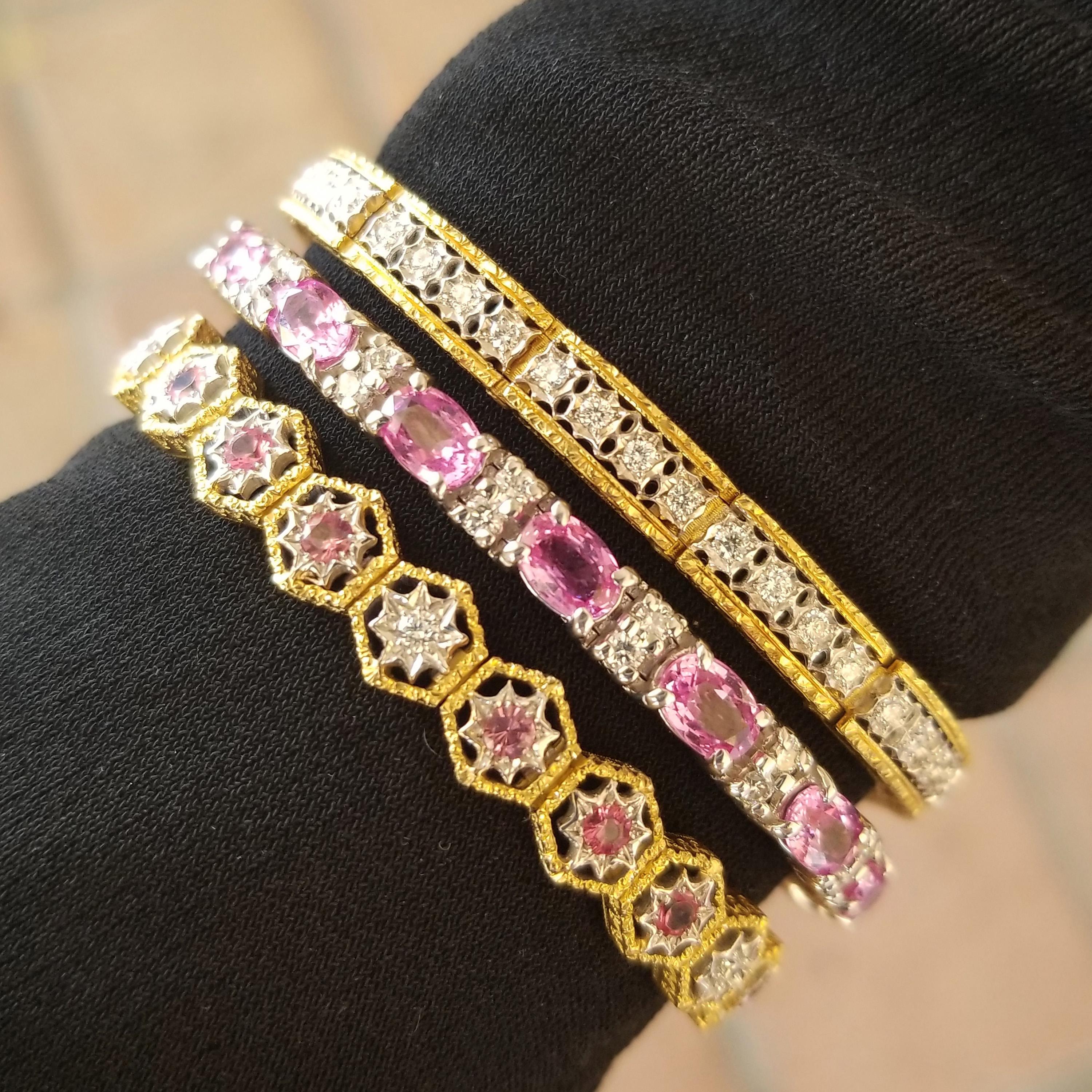 These bright and lively hot pink spinels feature a saturated color which gemstone aficionados will recognize as the classic Mahenge color. The intense color is entirely natural and untreated.

