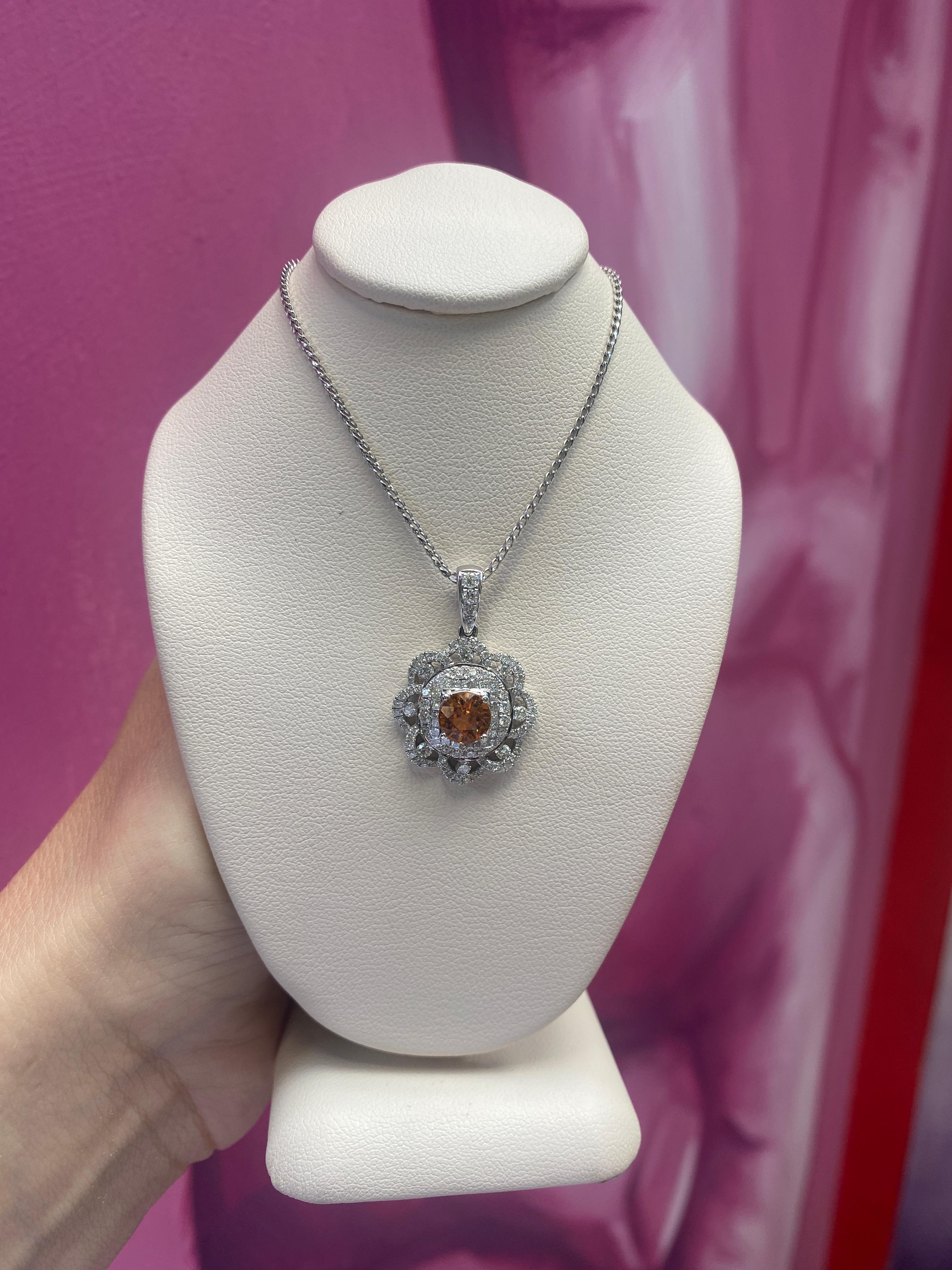 1.64 Carat Mandarin Orange Garnet w/ 1.04ctw Round Diamond Pendant Necklace In New Condition For Sale In Houston, TX