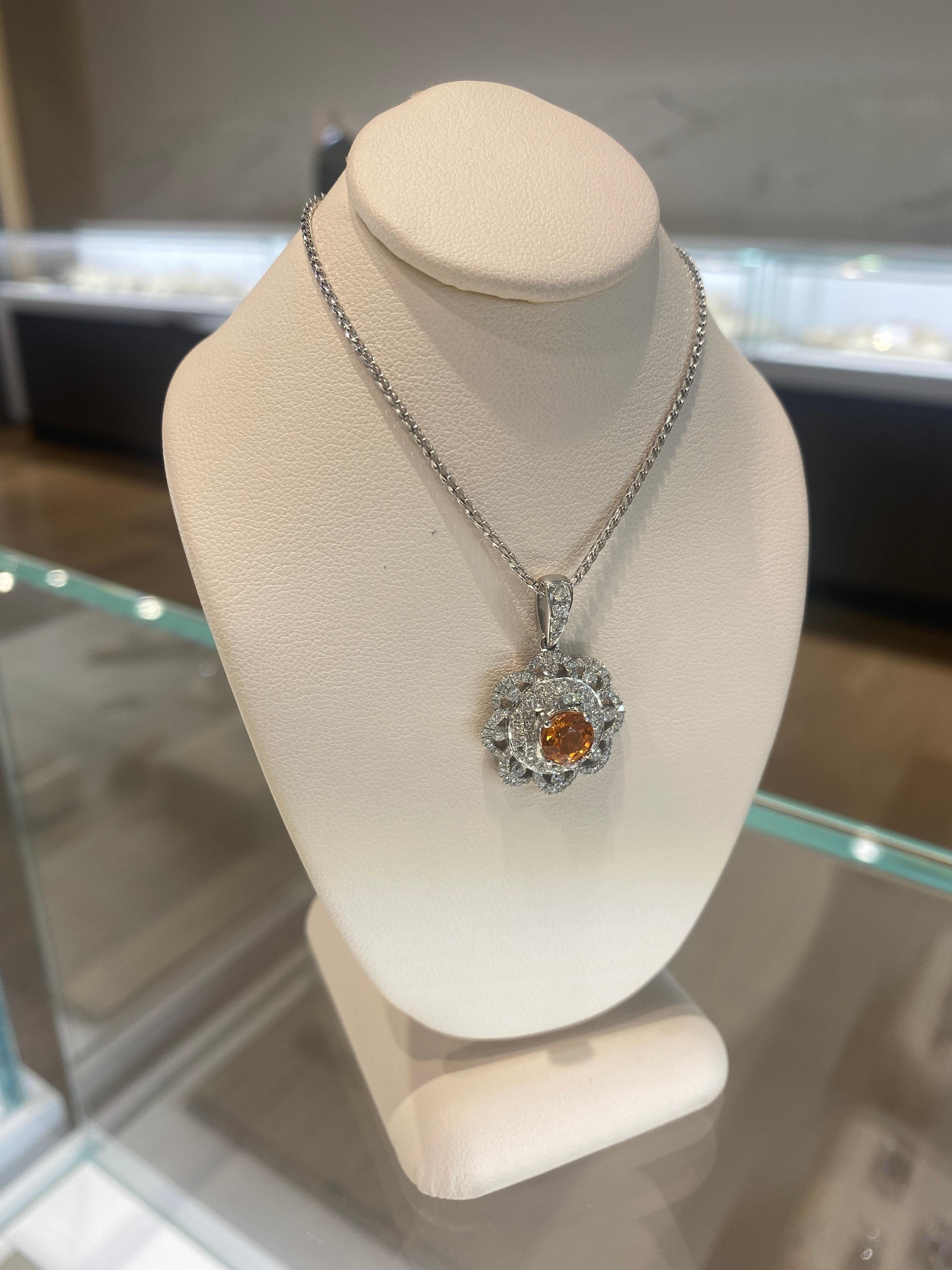 1.64 Carat Mandarin Orange Garnet w/ 1.04ctw Round Diamond Pendant Necklace For Sale 2