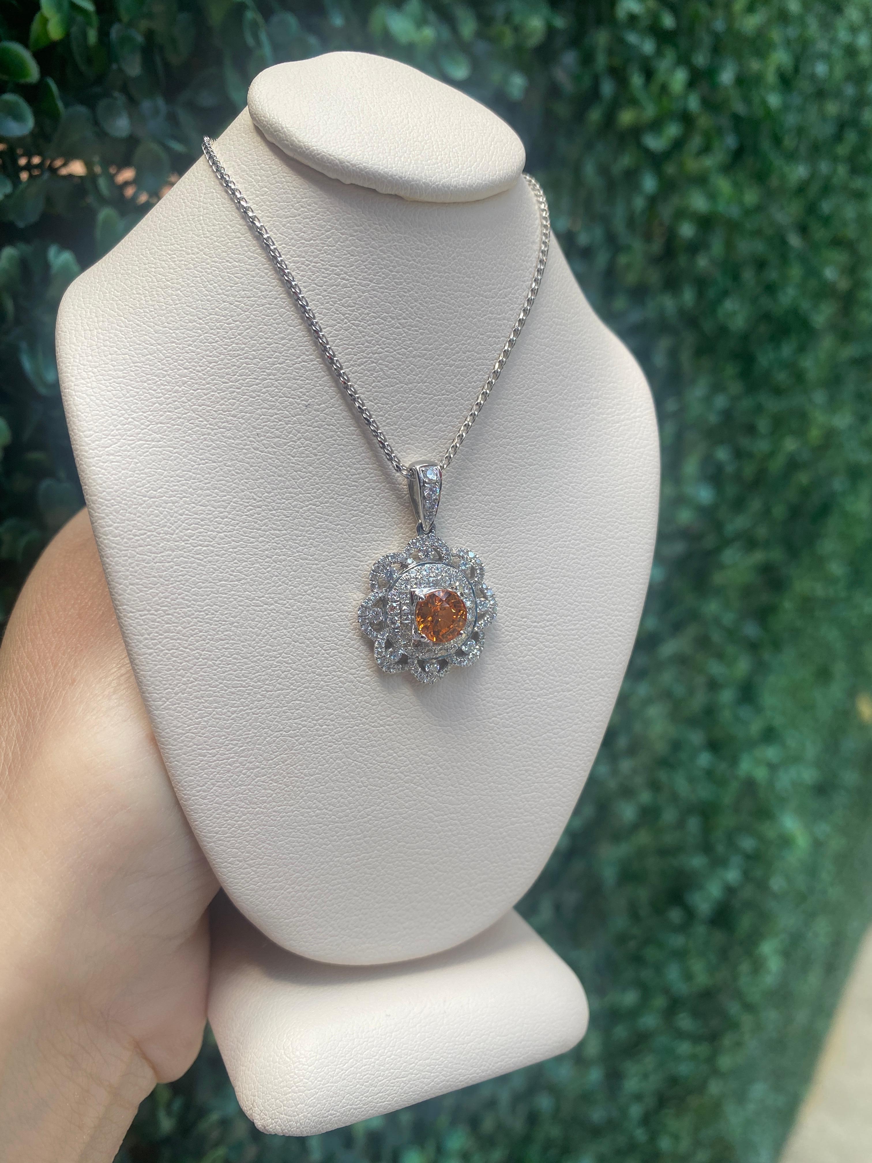1.64 Carat Mandarin Orange Garnet w/ 1.04ctw Round Diamond Pendant Necklace For Sale 4