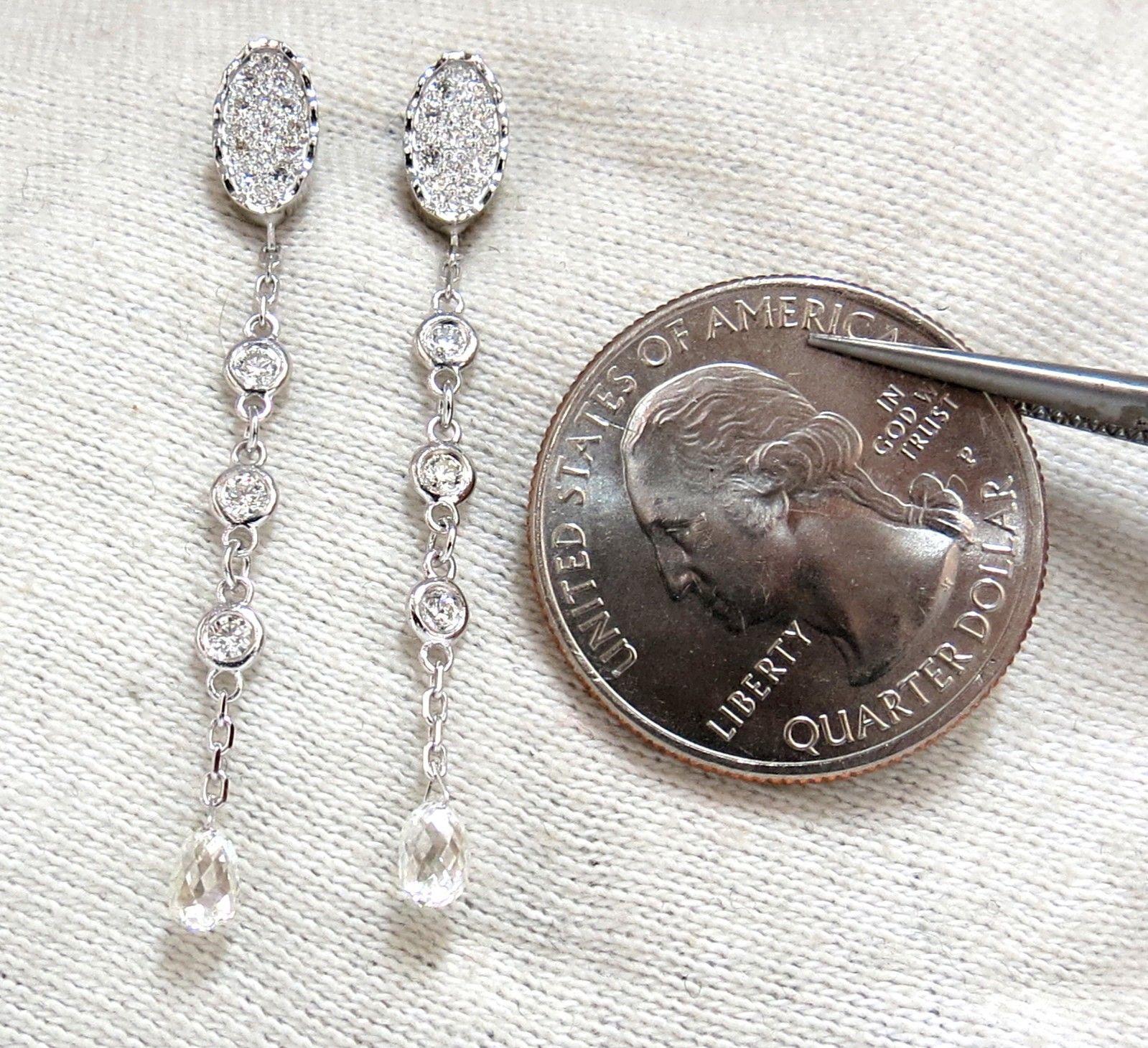 1.64 Carat Natural Briolette Diamonds Dangle Earrings 14 Karat For Sale 1