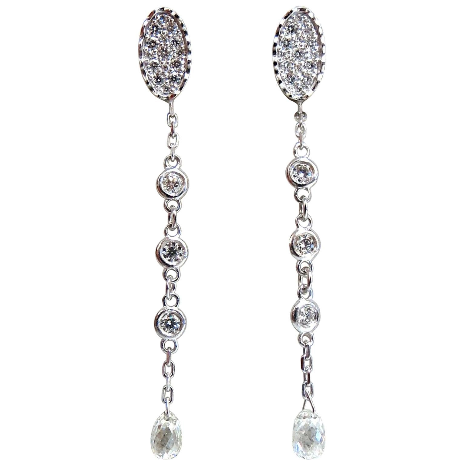 1.64 Carat Natural Briolette Diamonds Dangle Earrings 14 Karat
