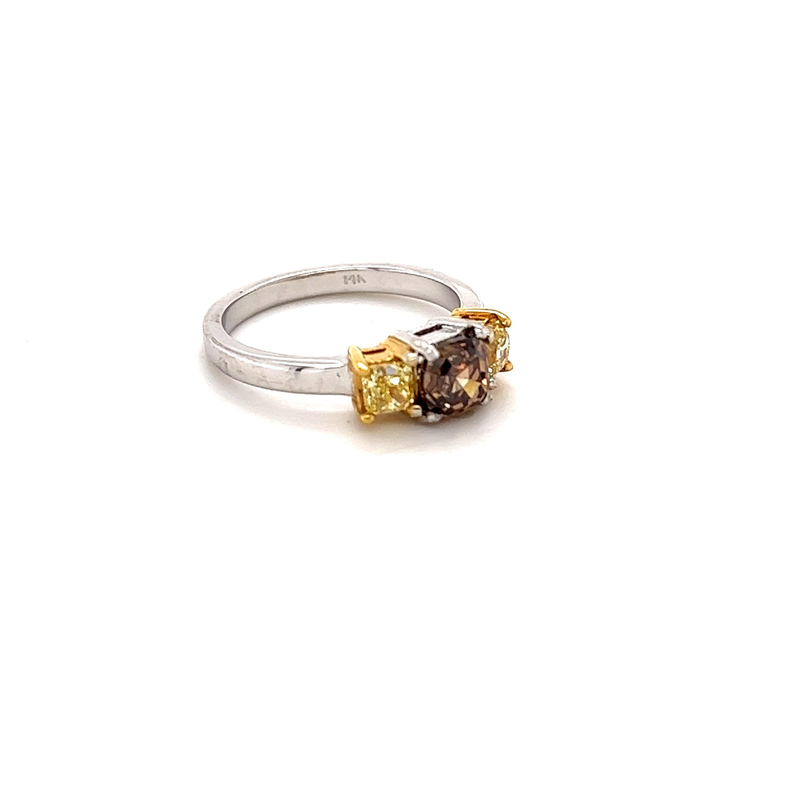 Contemporary 1.64 Carat Natural Brown Diamond Yellow Diamond Three Stone Engagement Ring For Sale