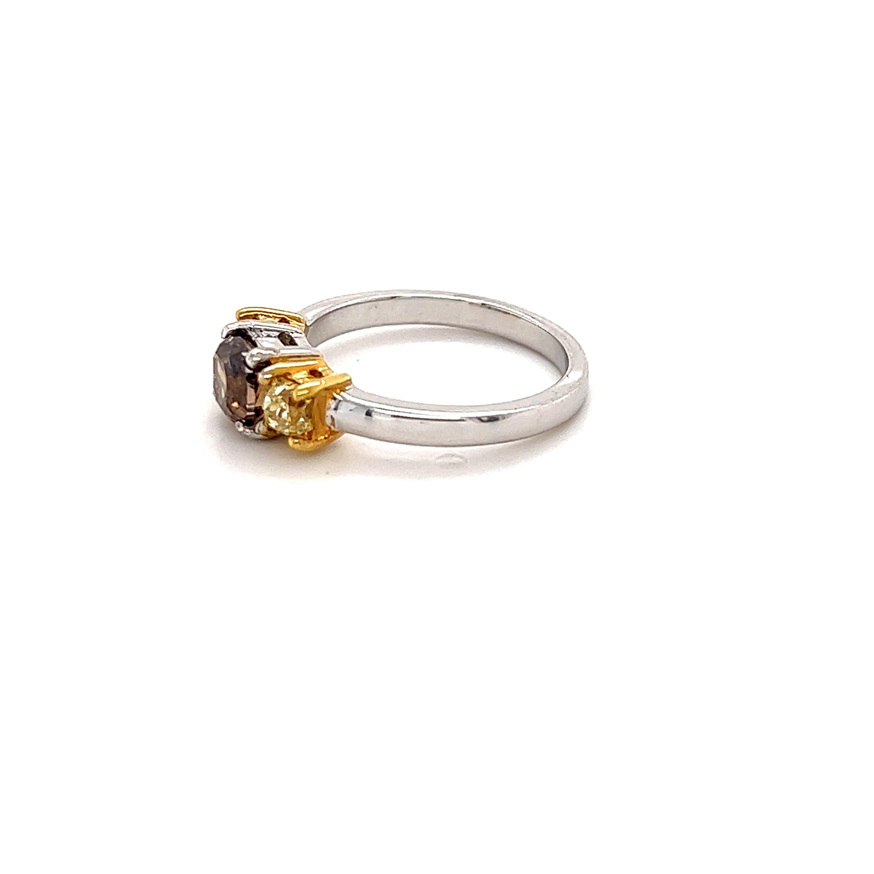 Asscher Cut 1.64 Carat Natural Brown Diamond Yellow Diamond Three Stone Engagement Ring For Sale