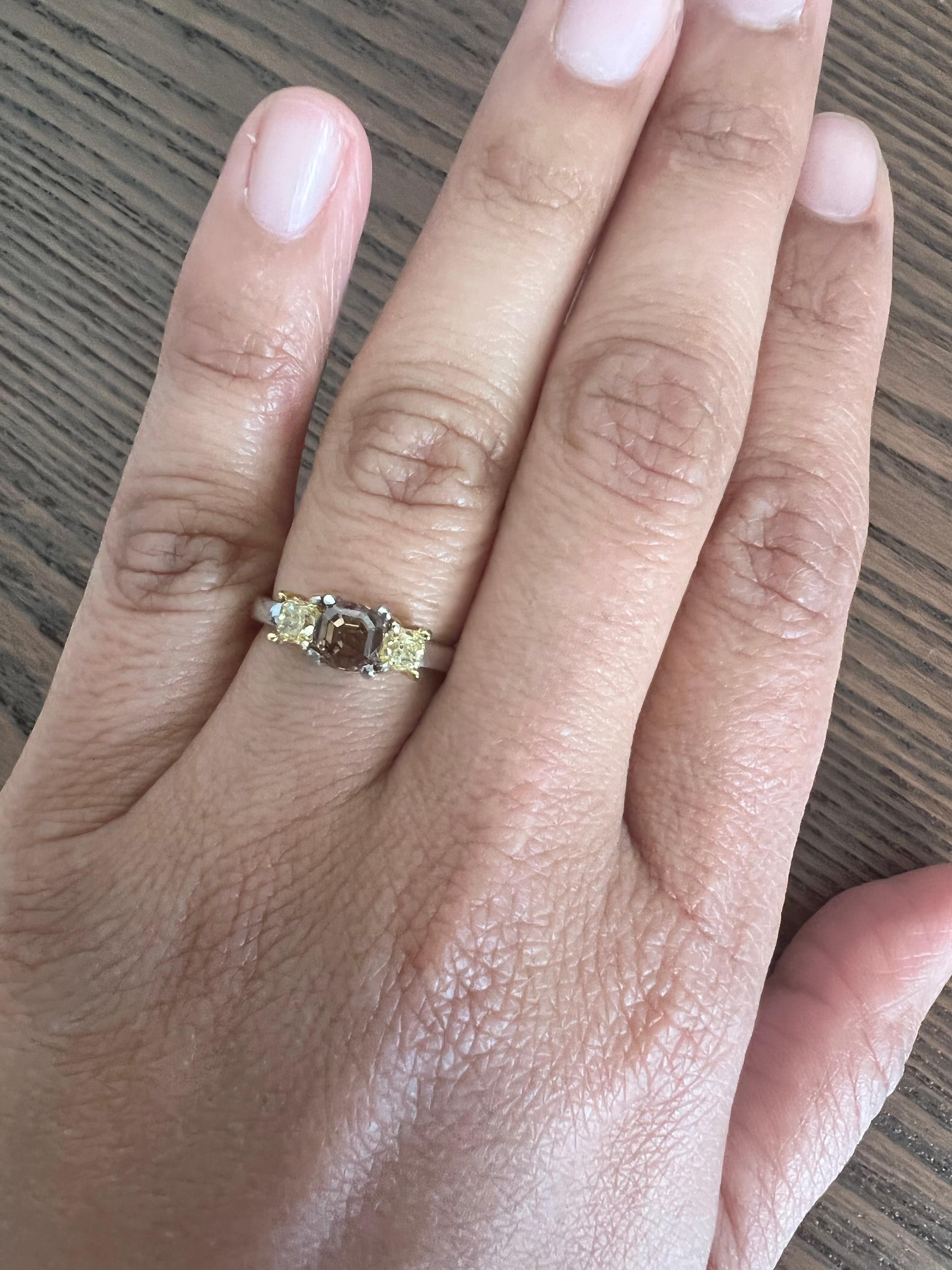 Women's 1.64 Carat Natural Brown Diamond Yellow Diamond Three Stone Engagement Ring For Sale
