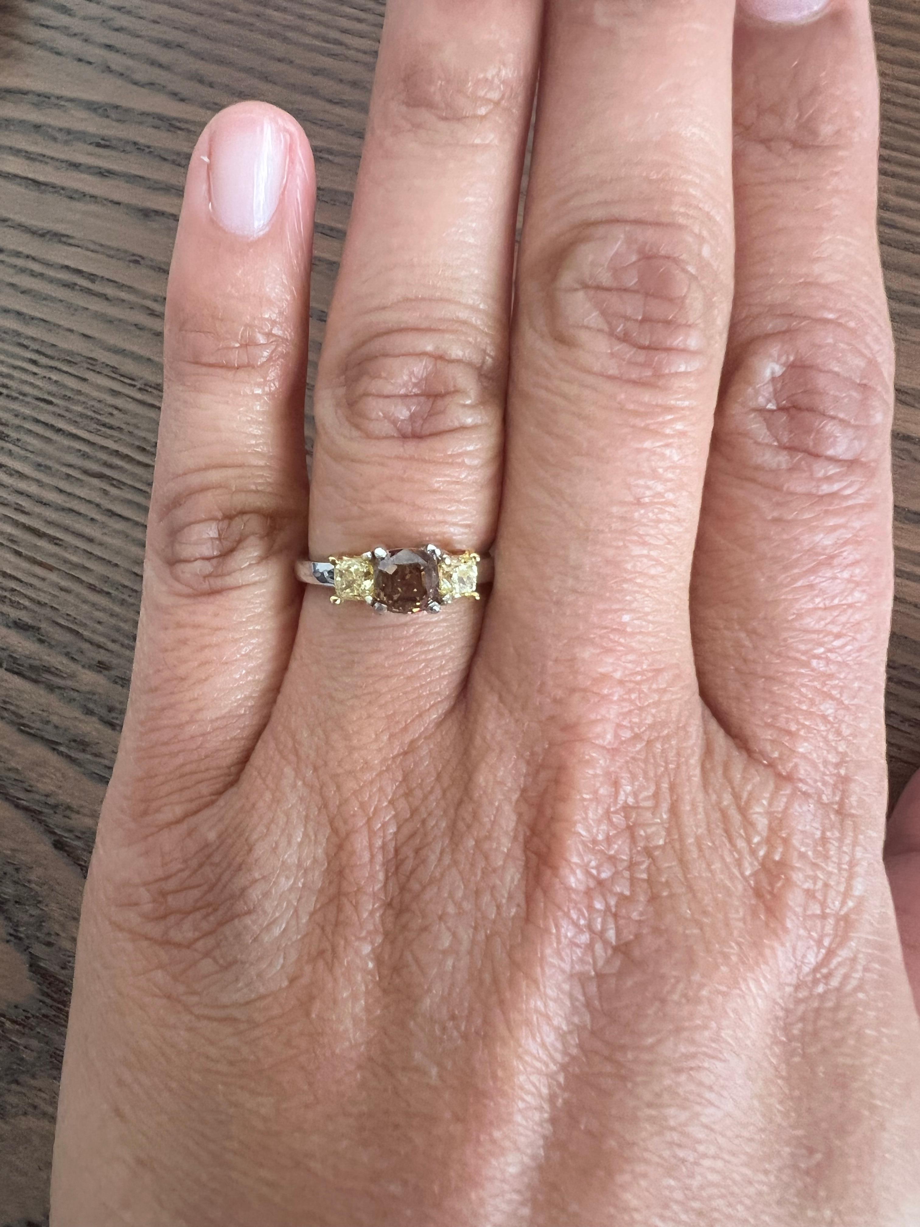 1.64 Carat Natural Brown Diamond Yellow Diamond Three Stone Engagement Ring For Sale 1
