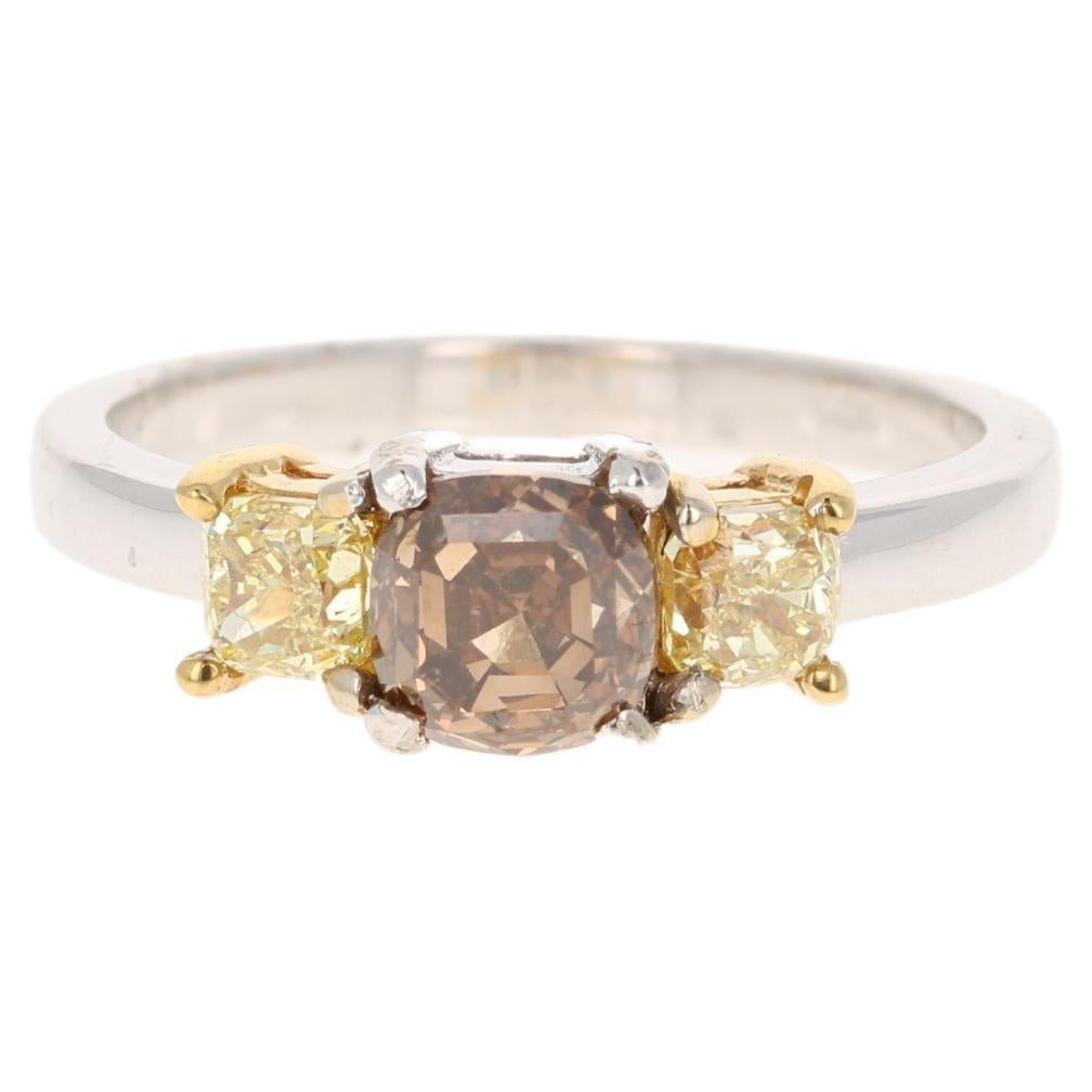 1.64 Carat Natural Brown Diamond Yellow Diamond Three Stone Engagement Ring For Sale