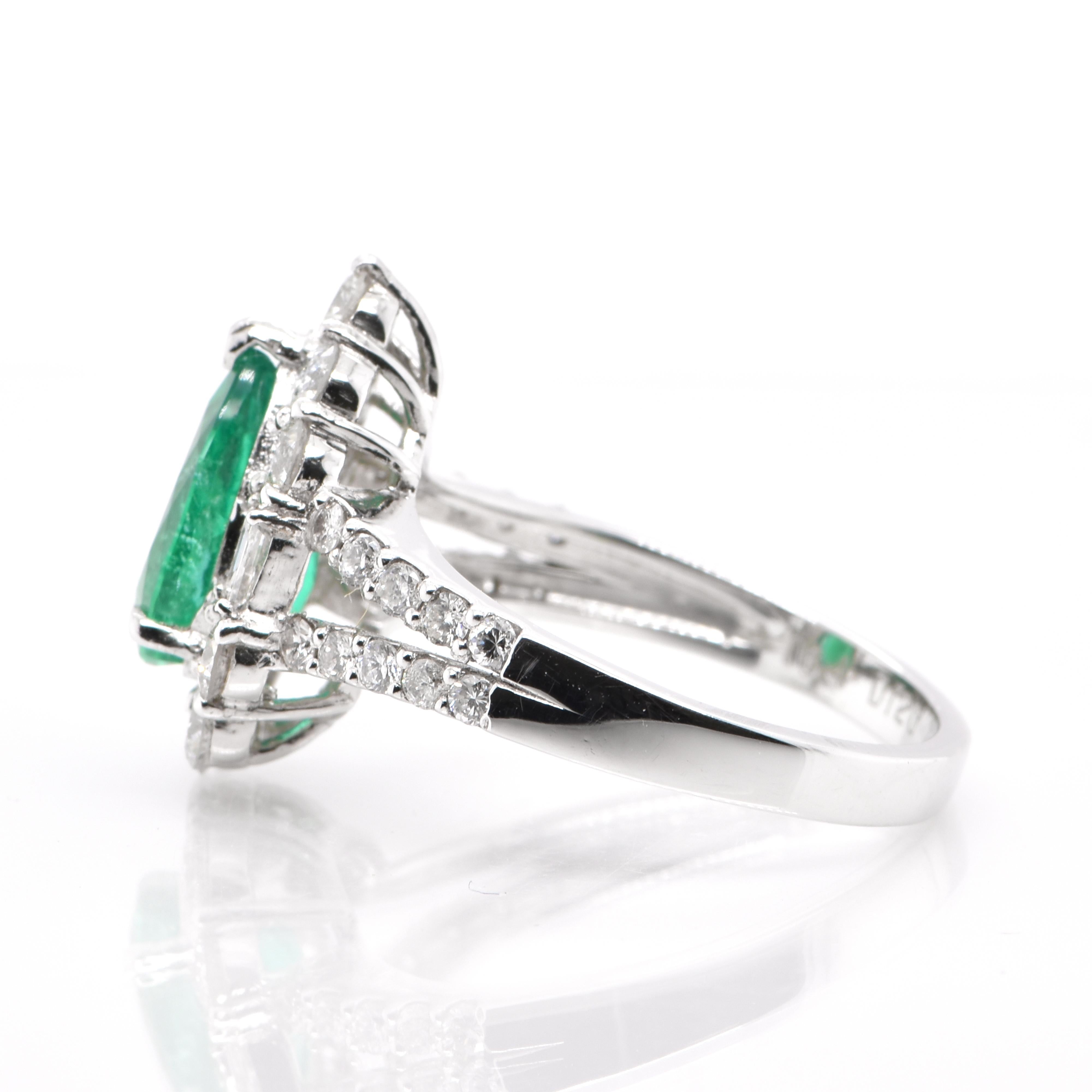 Pear Cut 1.64 Carat Natural Pear Shape Emerald and Diamond Ring Set in Platinum