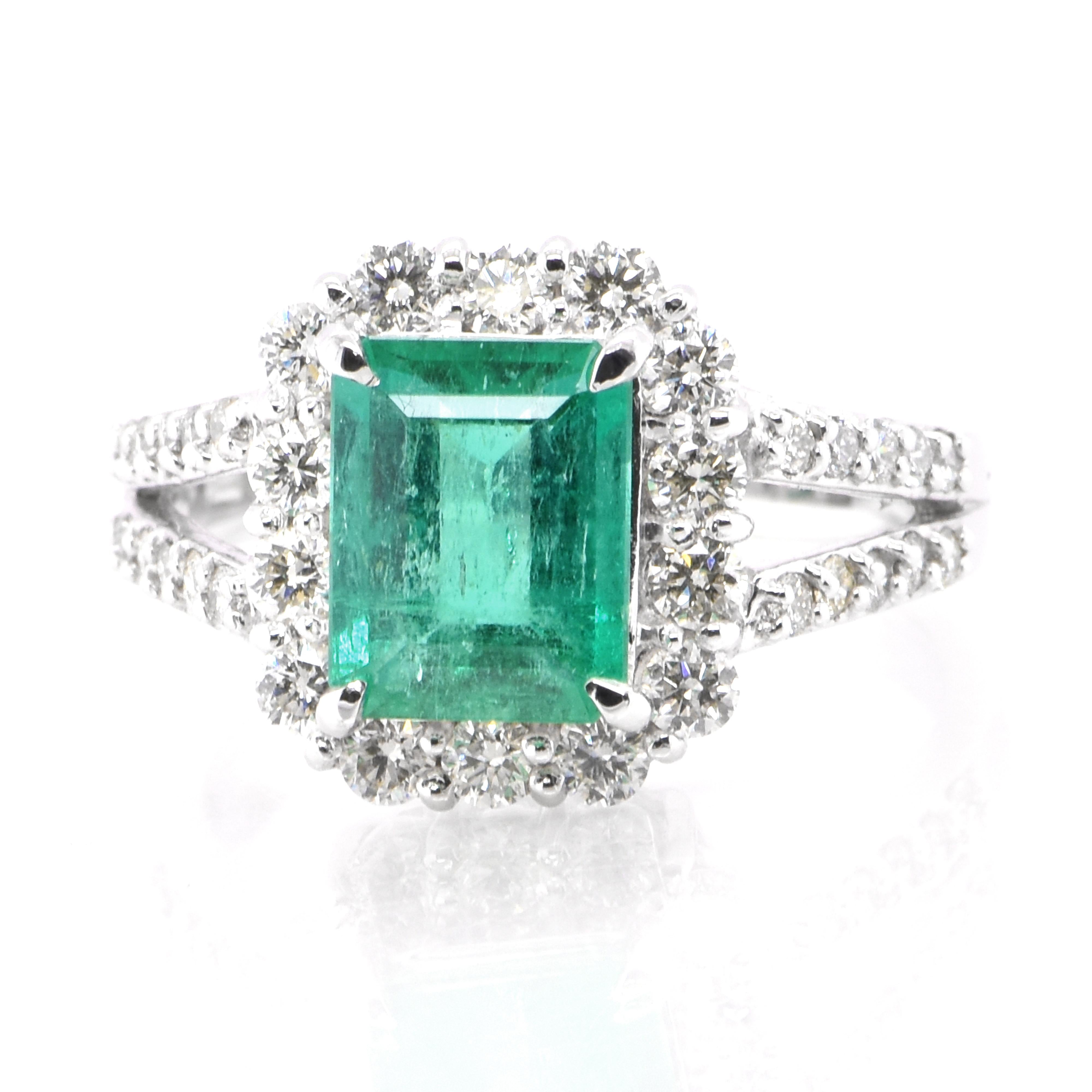 A stunning ring featuring a 1.64 Carat Natural Emerald and 0.77 Carats of Diamond Accents set in Platinum. People have admired emerald’s green for thousands of years. Emeralds have always been associated with the lushest landscapes and the richest