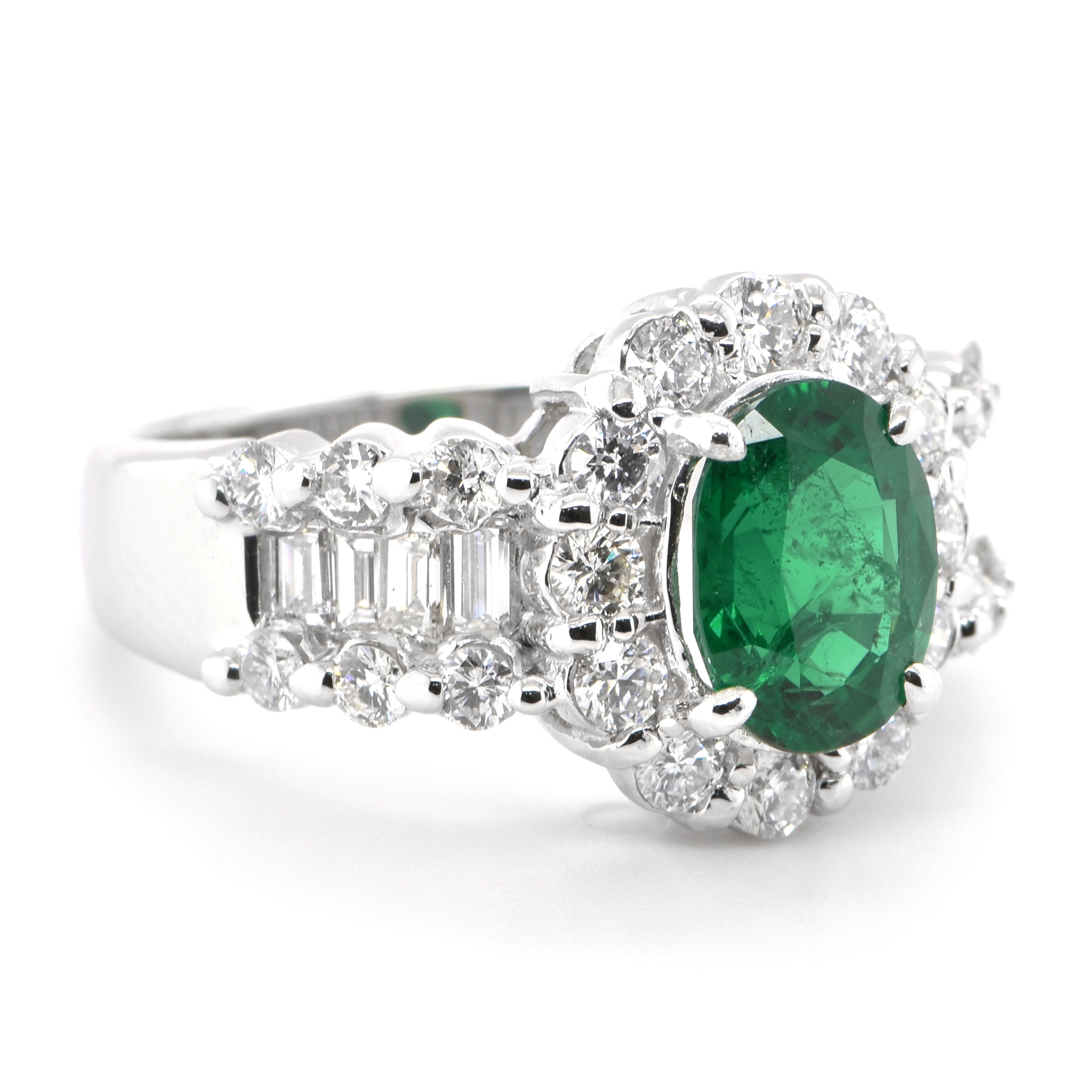 Modern 1.64 Carat Natural Emerald and Diamond Halo Ring Set in Platinum