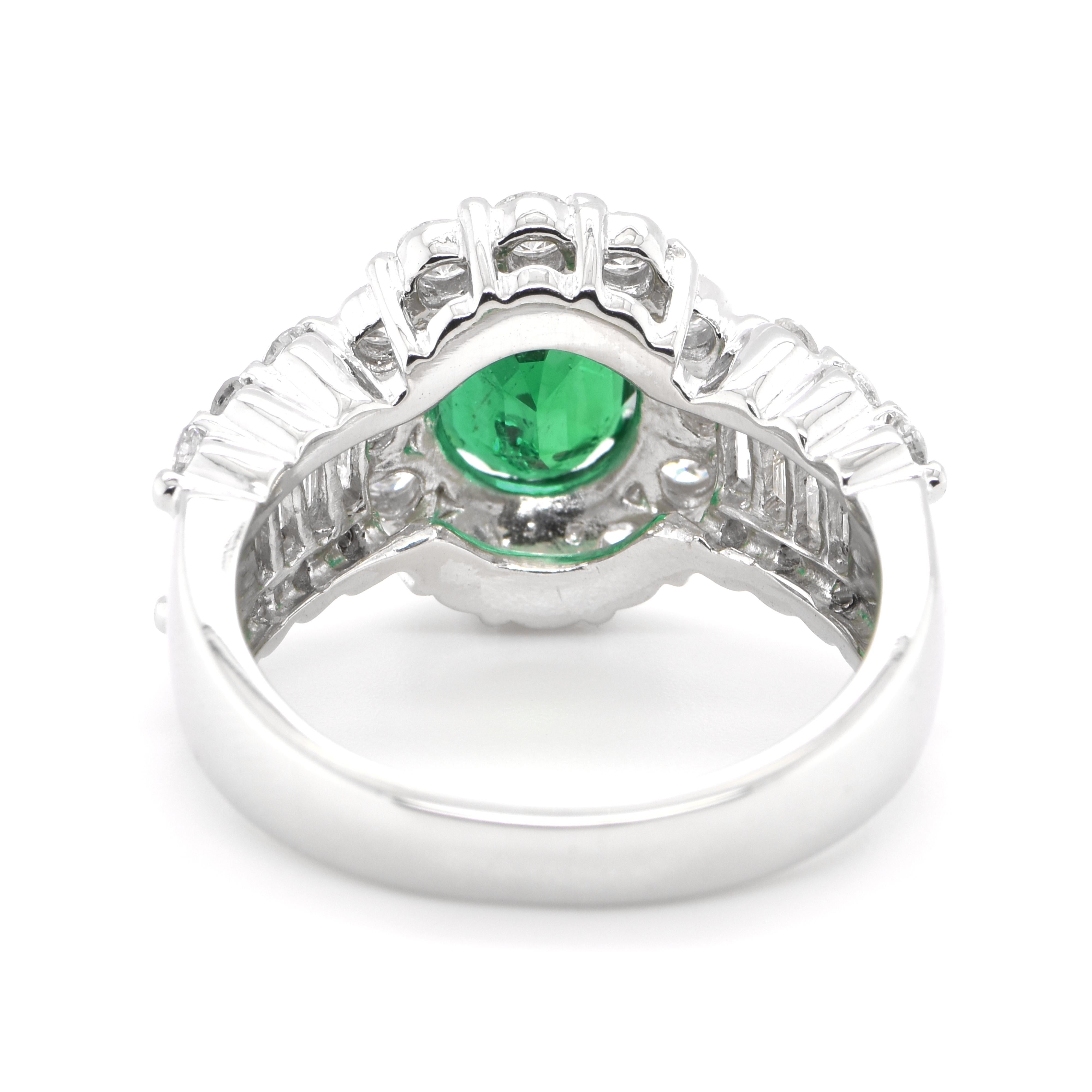 Women's 1.64 Carat Natural Emerald and Diamond Halo Ring Set in Platinum