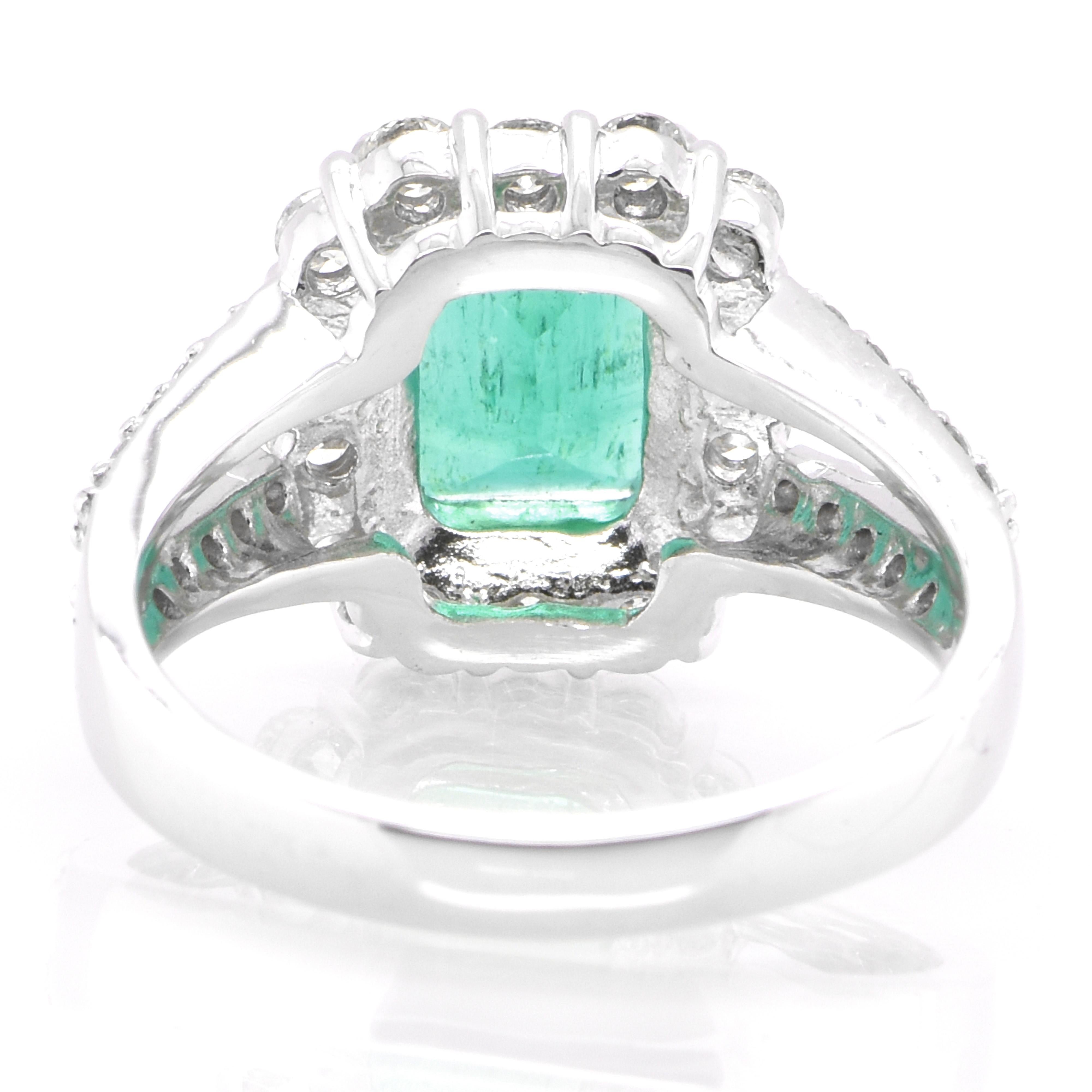 Women's 1.64 Carat Natural Emerald and Diamond Halo Ring Set in Platinum For Sale