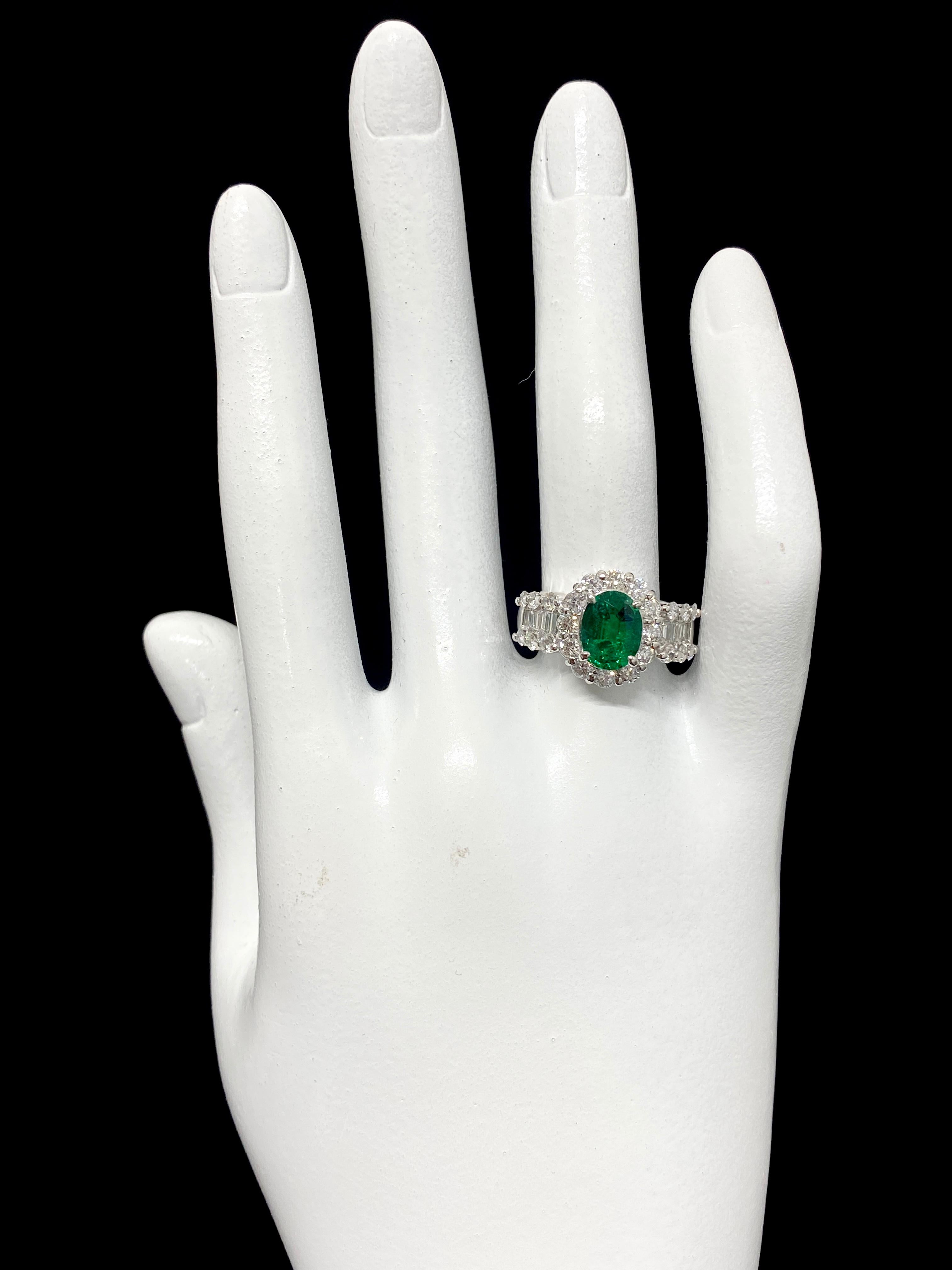 1.64 Carat Natural Emerald and Diamond Halo Ring Set in Platinum 1