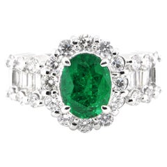 1.64 Carat Natural Emerald and Diamond Halo Ring Set in Platinum