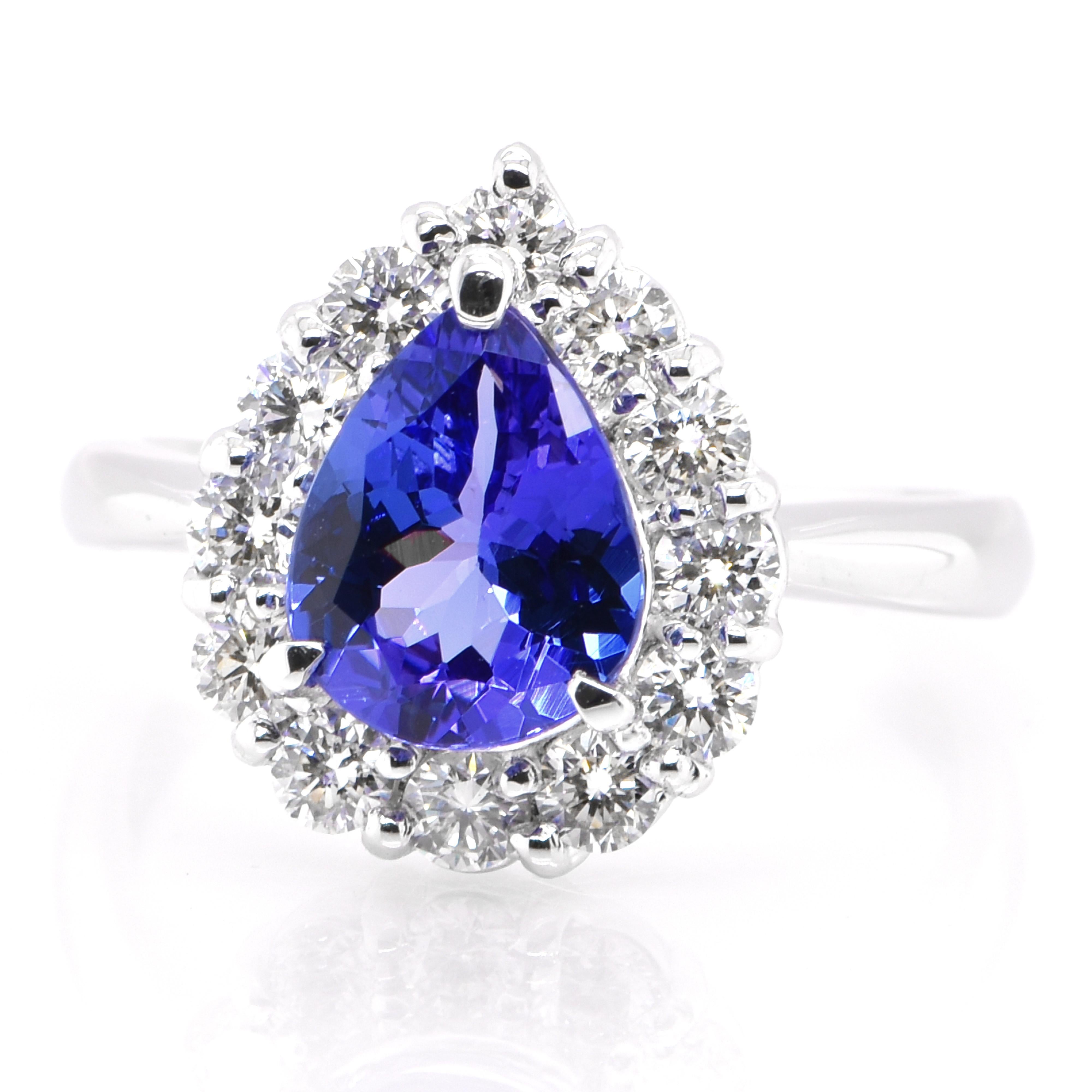 A beautiful ring featuring a 1.64 Carat Natural Tanzanite and 0.71 Carats Diamond Accents set in Platinum. Tanzanite's name was given by Tiffany and Co after its only known source: Tanzania. Tanzanite displays beautiful pleochroic colors meaning