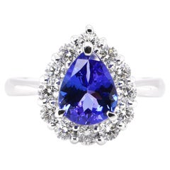 1.64 Carat Natural Tanzanite and Diamond Halo Ring Set in Platinum