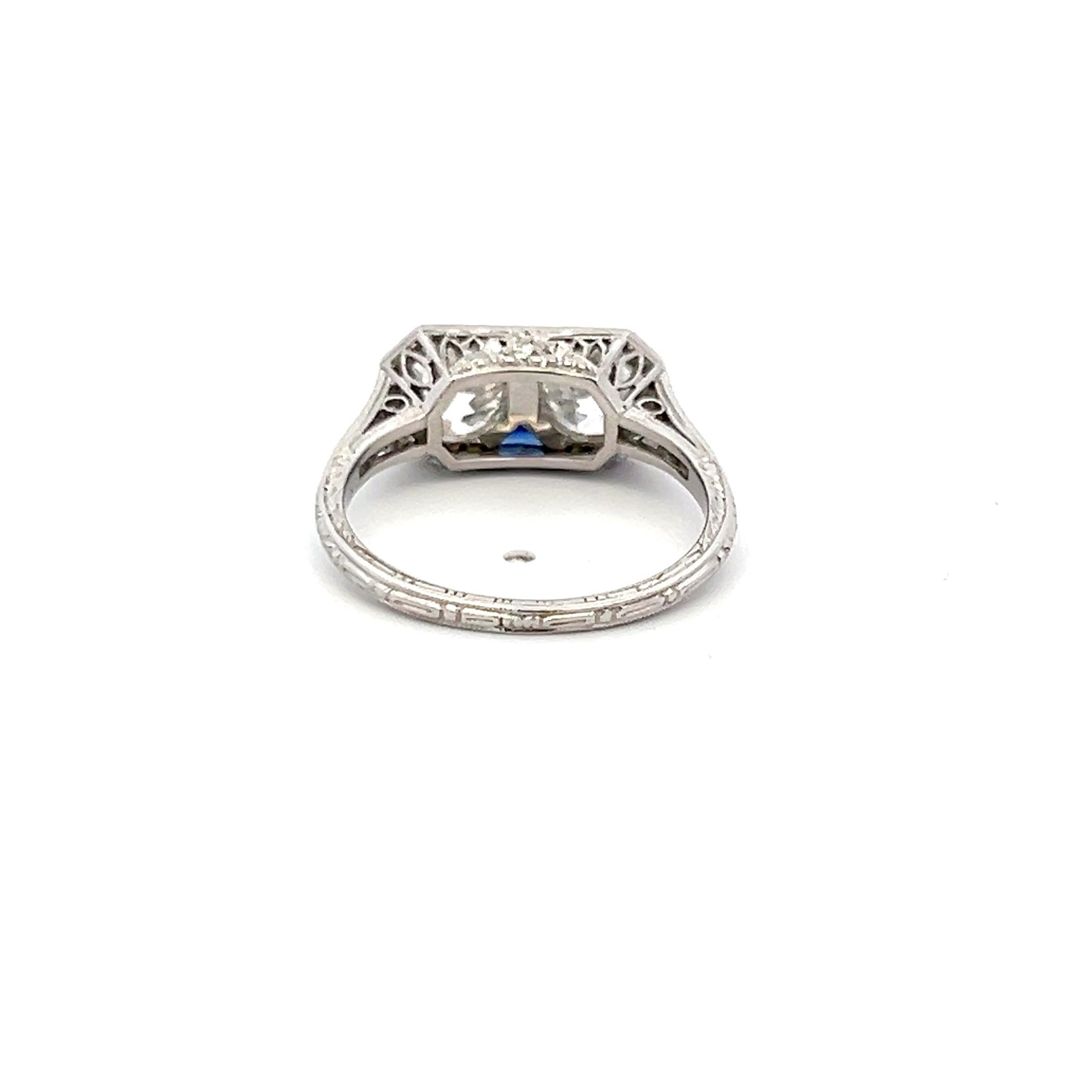 1.64 Carat Old European Cut Diamond 0.10 Carat Sapphire Platinum Two-Stone Ring In Good Condition For Sale In New York, NY