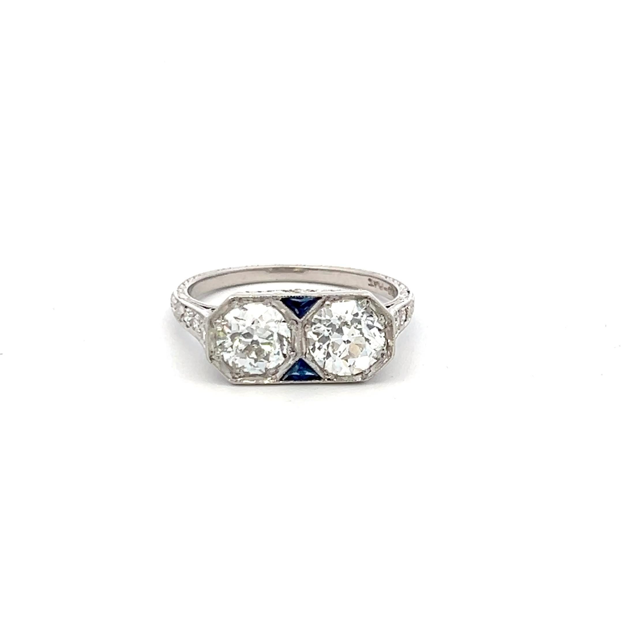 1.64 Carat Old European Cut Diamond 0.10 Carat Sapphire Platinum Two-Stone Ring For Sale 1