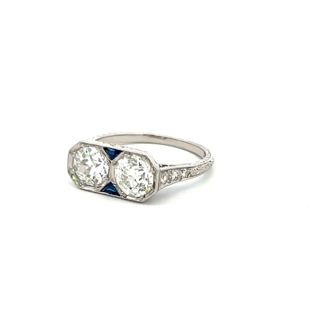 1.64 Carat Old European Cut Diamond 0.10 Carat Sapphire Platinum Two-Stone Ring For Sale 2