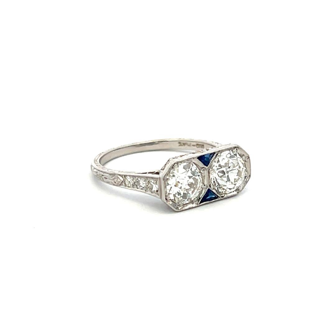 1.64 Carat Old European Cut Diamond 0.10 Carat Sapphire Platinum Two-Stone Ring For Sale 3