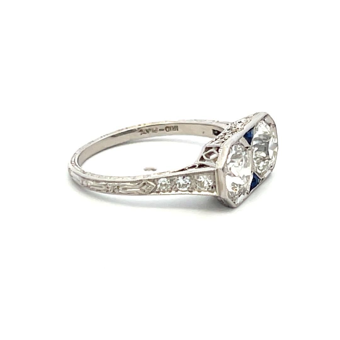 1.64 Carat Old European Cut Diamond 0.10 Carat Sapphire Platinum Two-Stone Ring For Sale 4