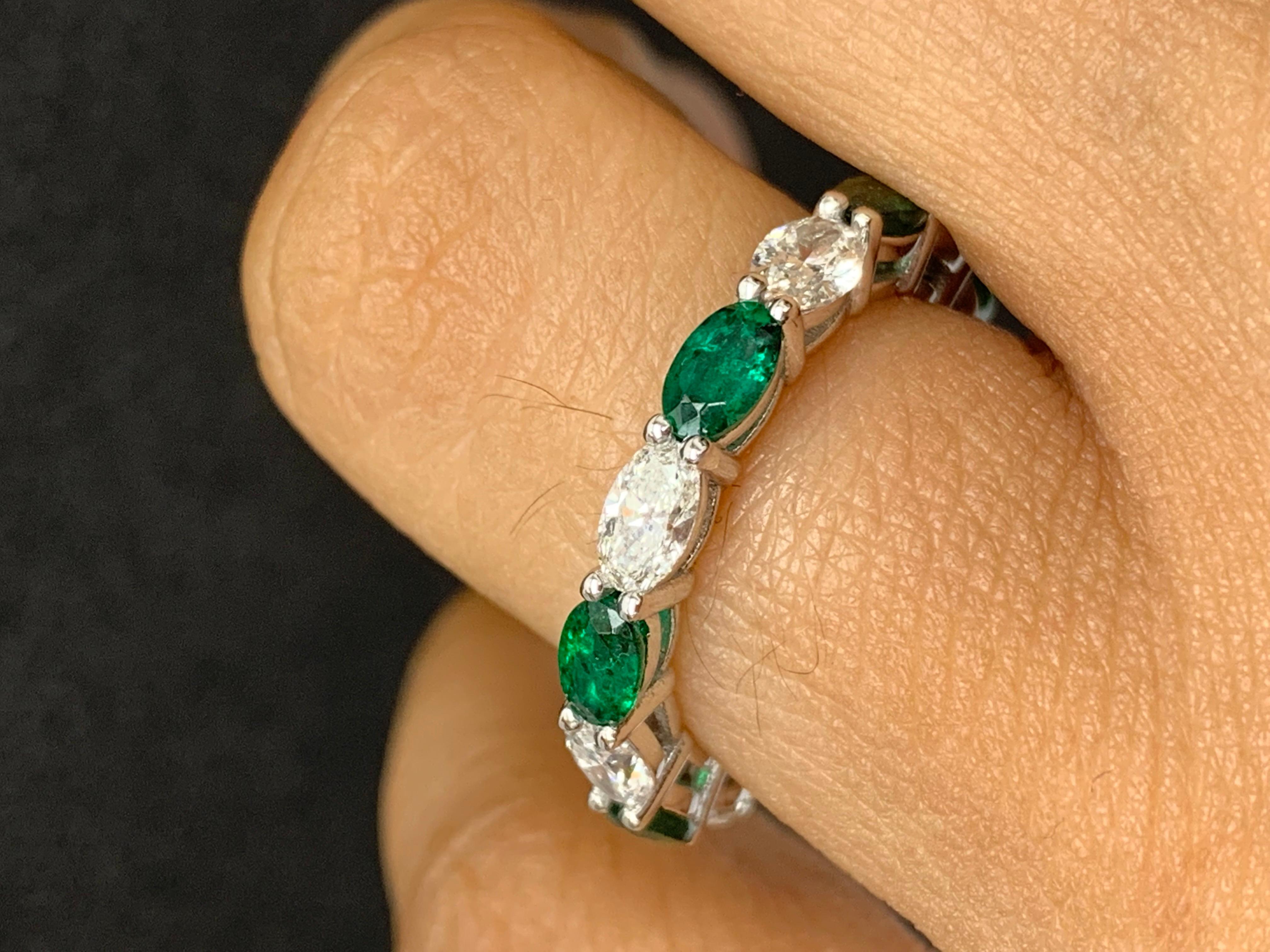 Contemporary 1.64 Carat Oval Cut Emerald and Diamond Eternity Band in 14K White Gold For Sale