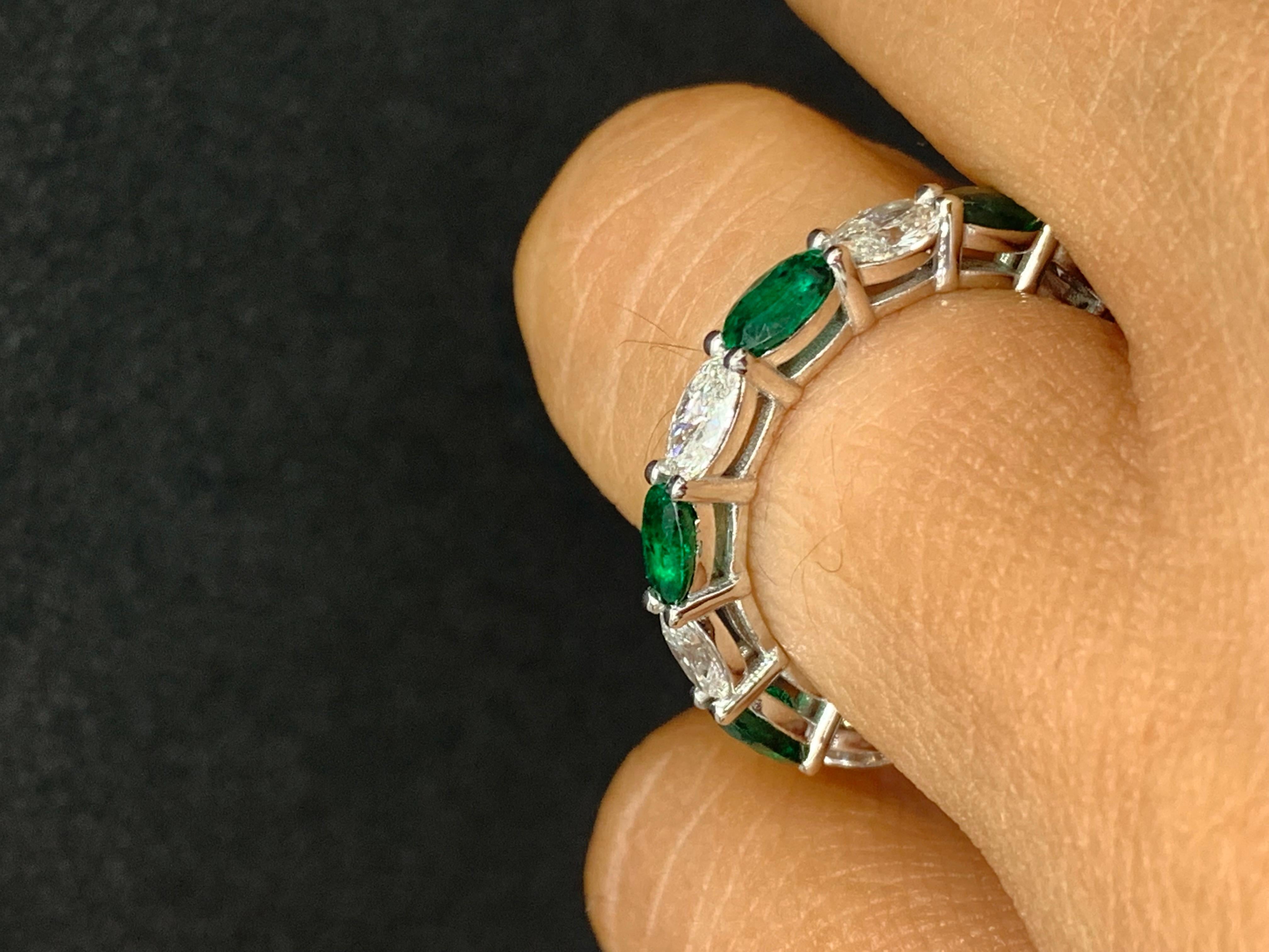 1.64 Carat Oval Cut Emerald and Diamond Eternity Band in 14K White Gold In New Condition For Sale In NEW YORK, NY