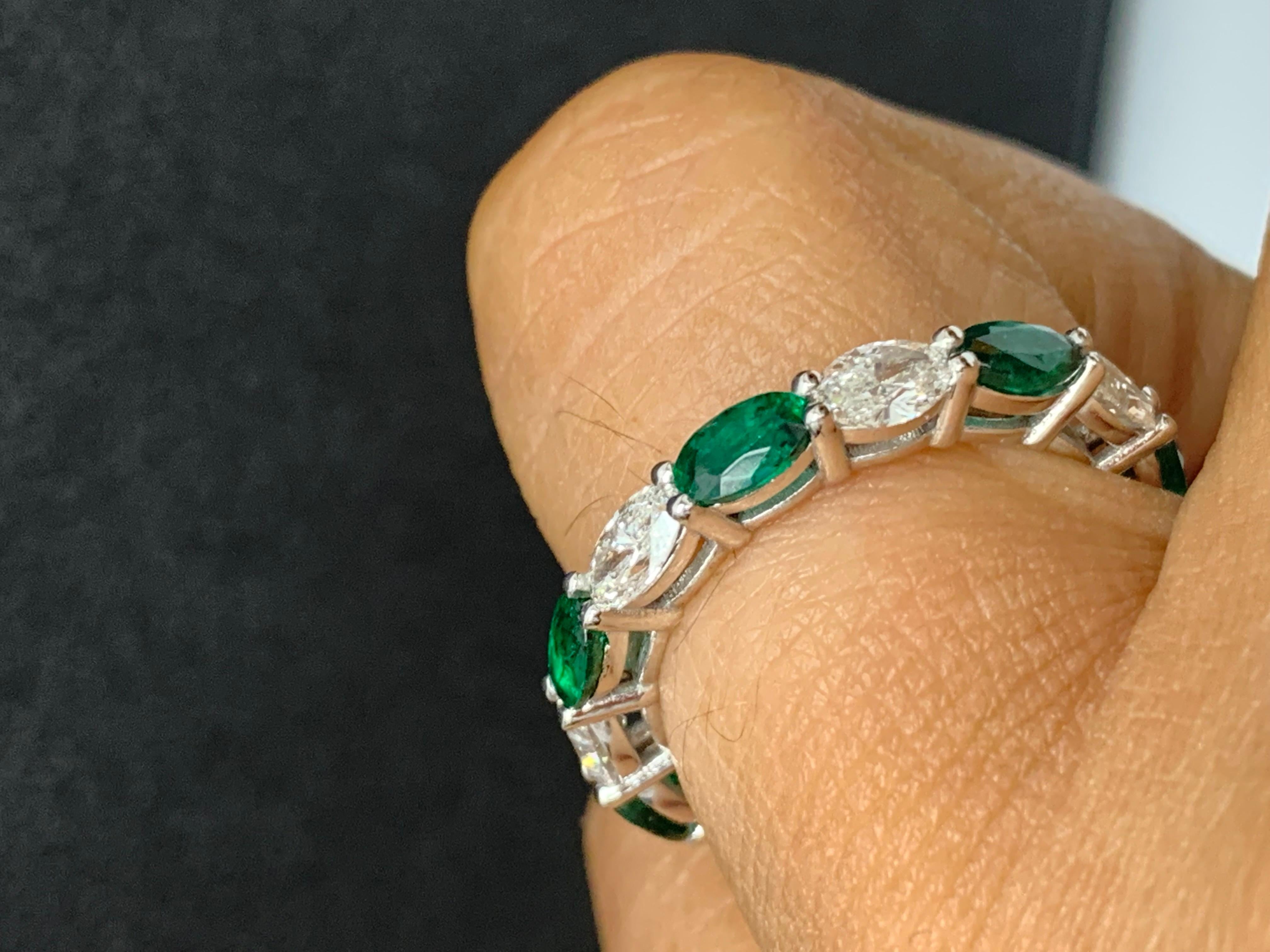 1.64 Carat Oval Cut Emerald and Diamond Eternity Band in 14K White Gold For Sale 1