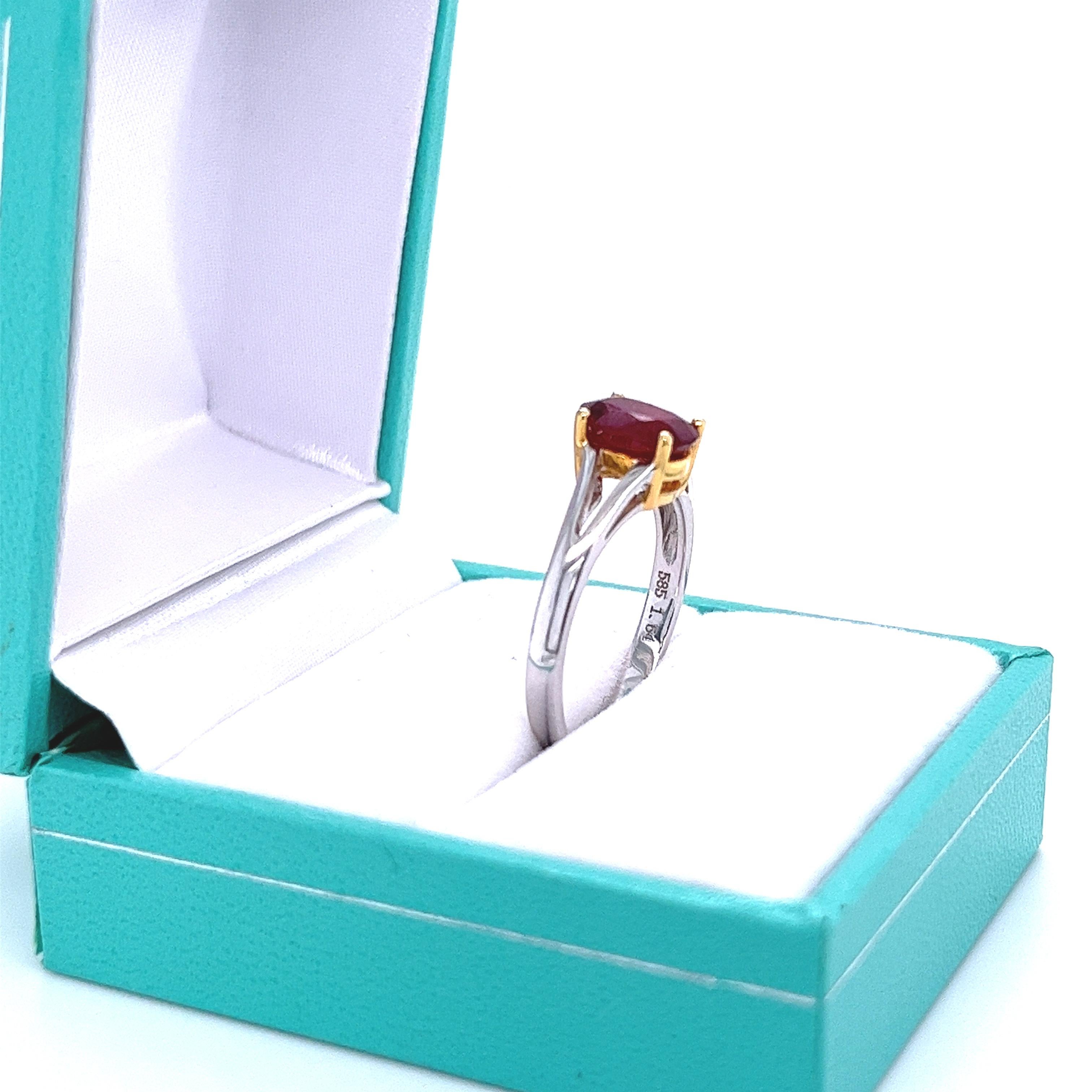 Modern 1.64 Carat Oval Cut Ruby Solitaire Split Shank 14K White Gold Ring For Sale