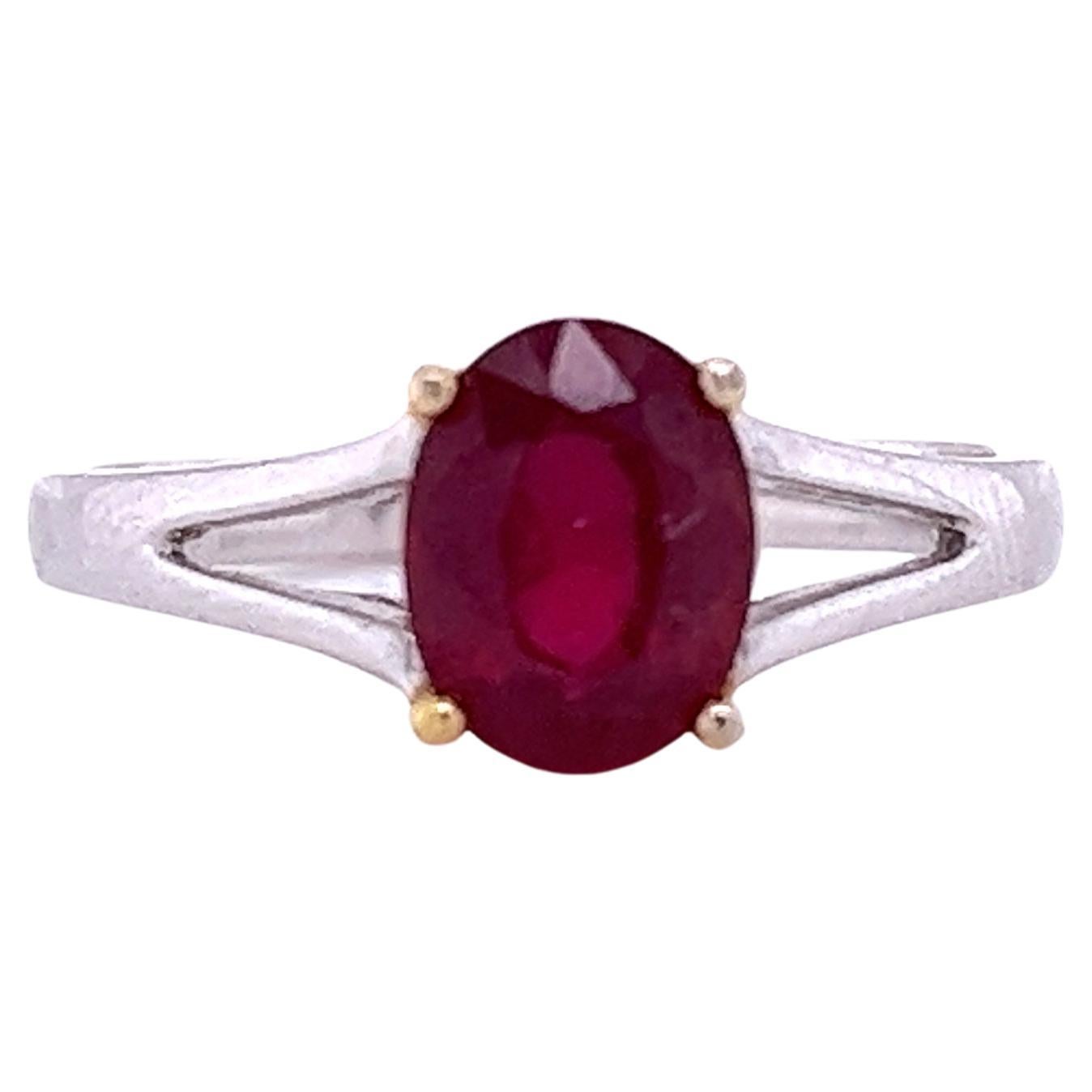 1.64 Carat Oval Cut Ruby Solitaire Split Shank 14K White Gold Ring For Sale