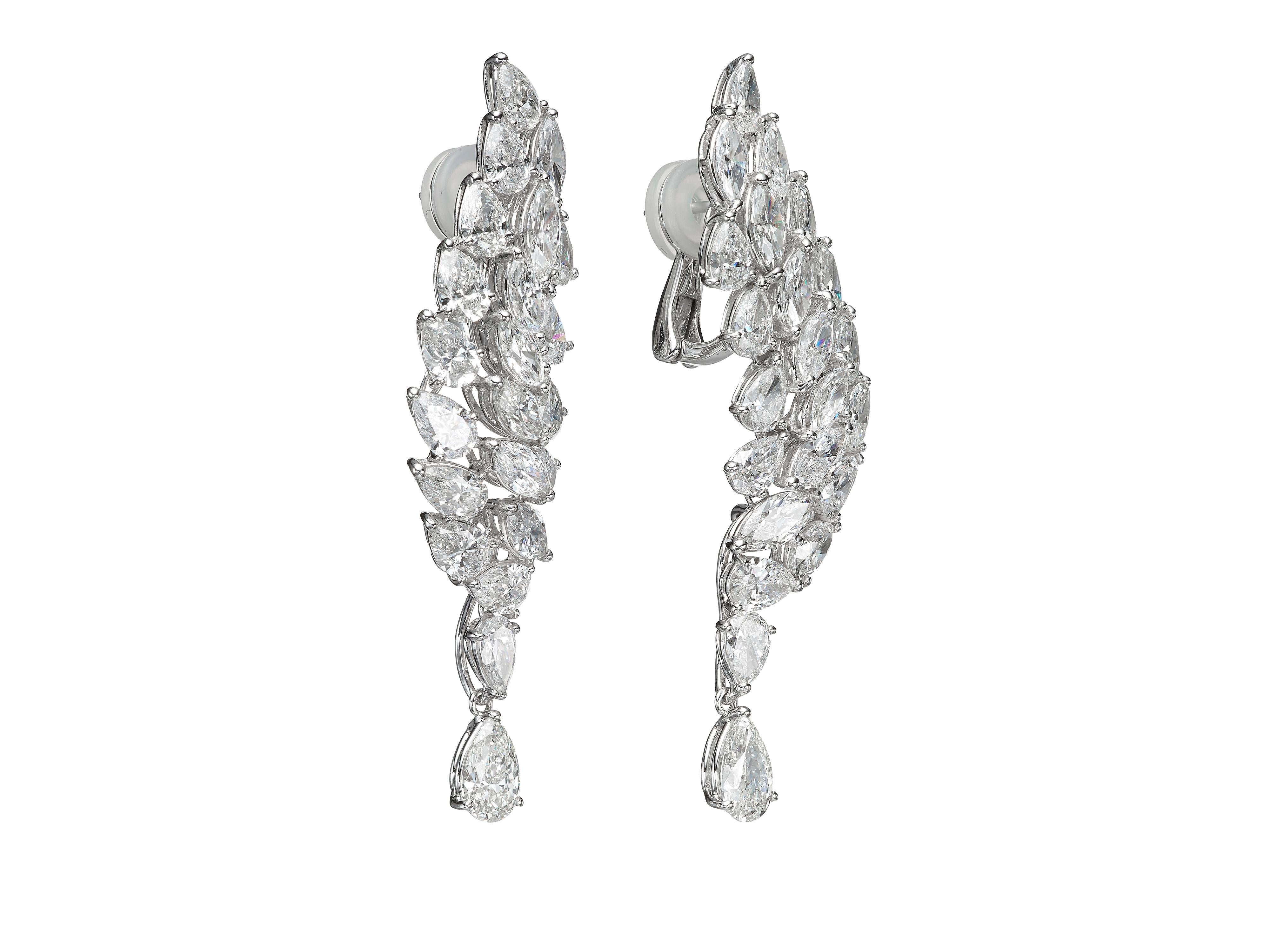 Masterfully handcrafted by Butani and encrusted with glittering marquise and pear-shaped diamonds.  These chandelier earrings feature GIA certified 0.90 and 0.91 carat pear-shaped diamond drops suspended delicately at the end.  Total diamond weight