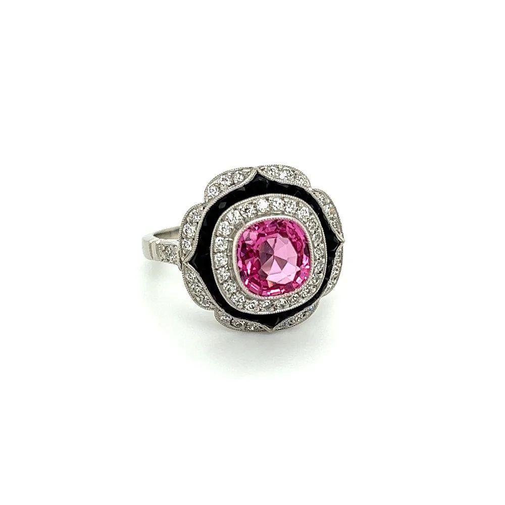 Simply Beautiful! Bubble Gum Pink Spinel NO HEAT GIA, Onyx and Old European cut Diamond Vintage Platinum Cocktail Ring. Centering a securely nestled Hand set 1.64 Carat GIA Bubble Pink Spinel. Surrounded by Old European cut Diamonds, weighing